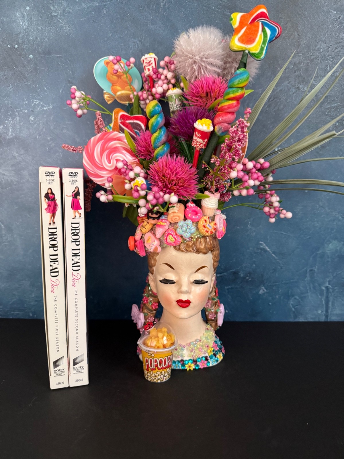OOAK VINTAGE LADY HEAD VASE “THE MOVIE PRINCESS” WITH DVD’S (AND POPCORN) 13.75”