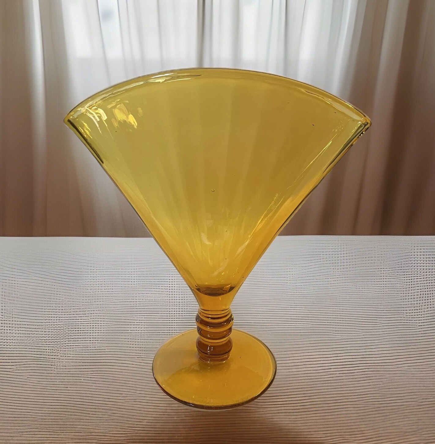 Vintage Amber Glass Fan Vase Optic Ribbed 8.5″ H x 7 L x 1.25″ W 3.75″ D Base