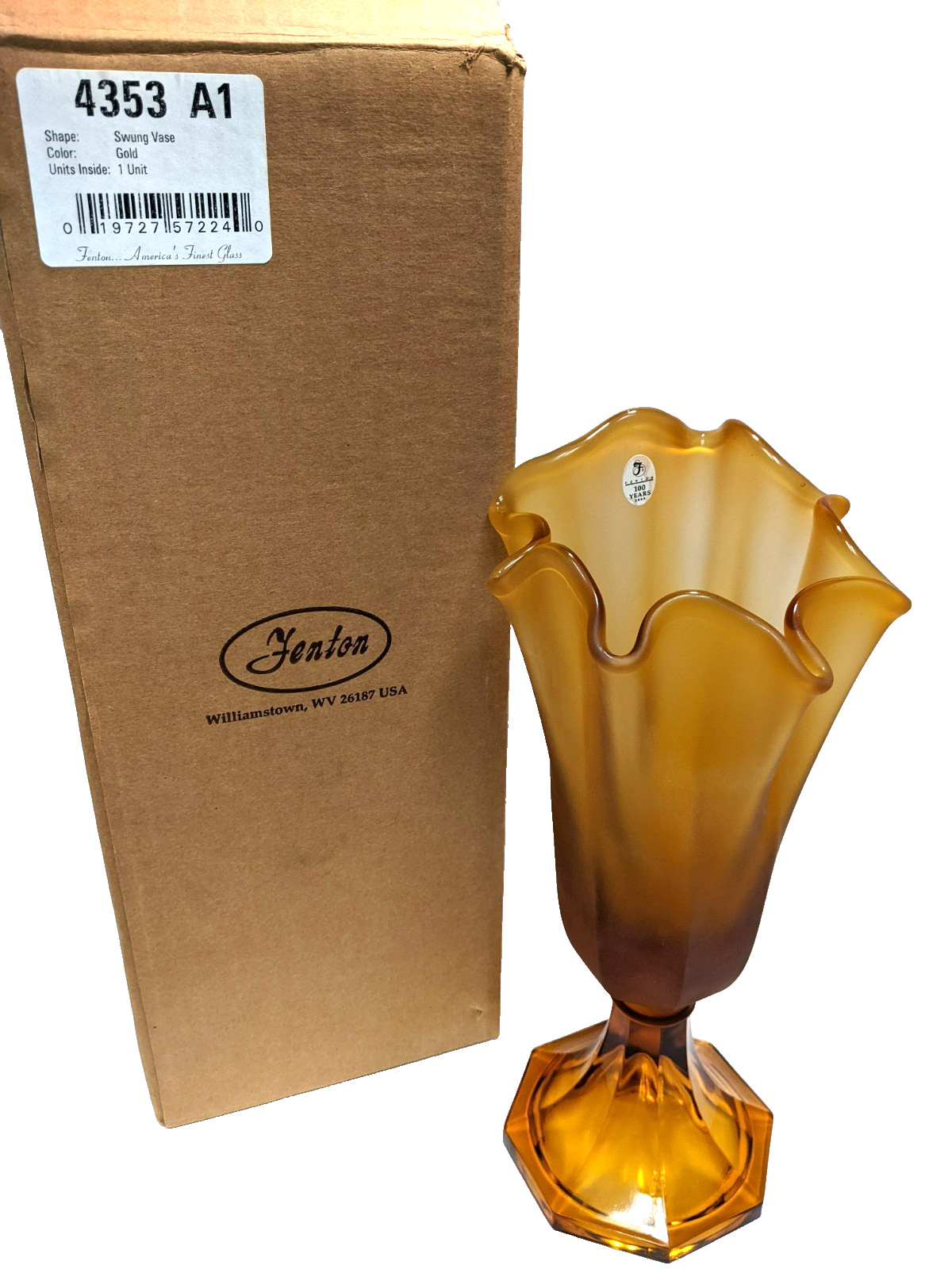 Vintage Fenton Satin Amber Gold Ruffled Swung Glass Vase 12” w/ Box RARE 4353