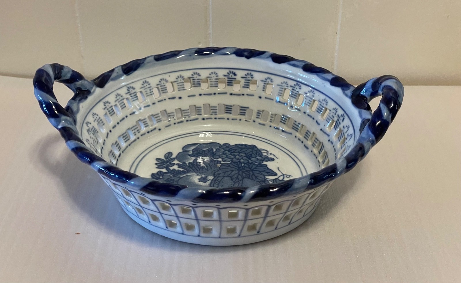 Ceramic Bowl Basket Lattice Fruit With Handles White Blue 8 Inch 64