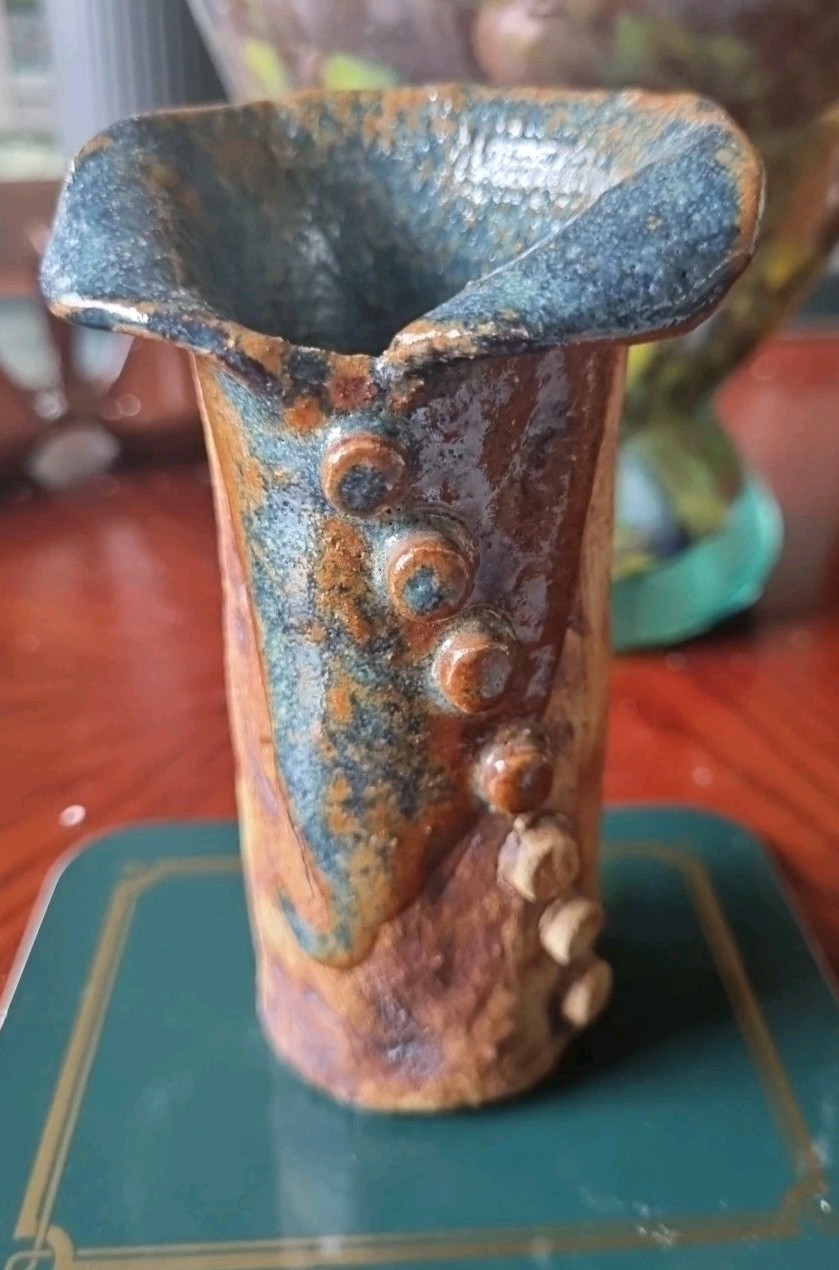 Handmade Unique Glazed Pottery Vase. 11.5cm. Vtg