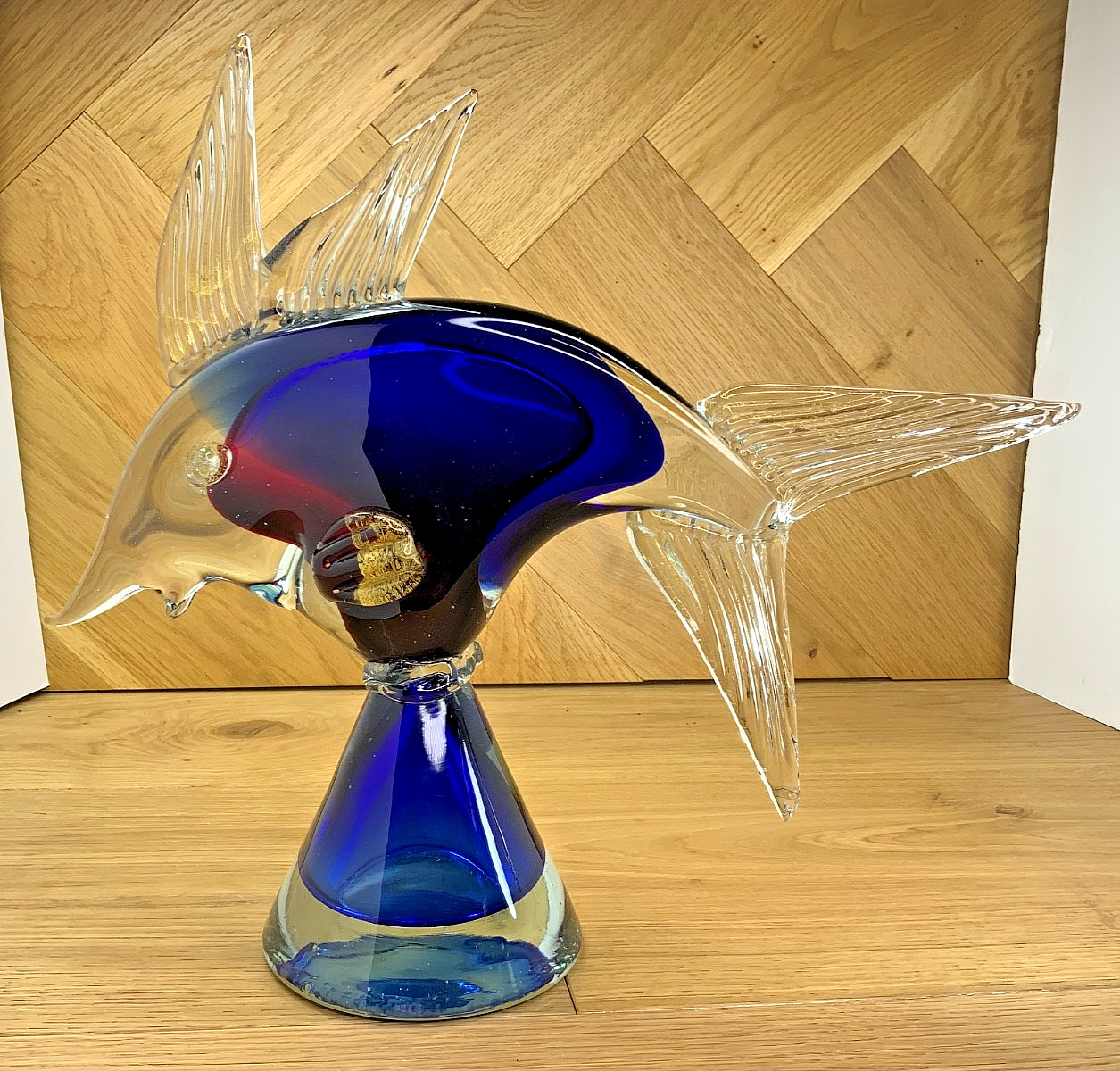 Vintage 1970s Murano Style Glass Fish Sculpture Blue Purple Clear Gold 14 Inch