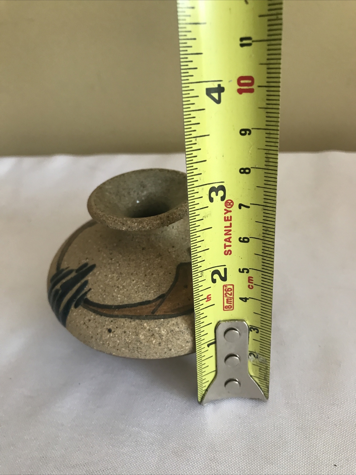Small, artist-signed, Southwestern-style, pottery vase with inlaid cacti