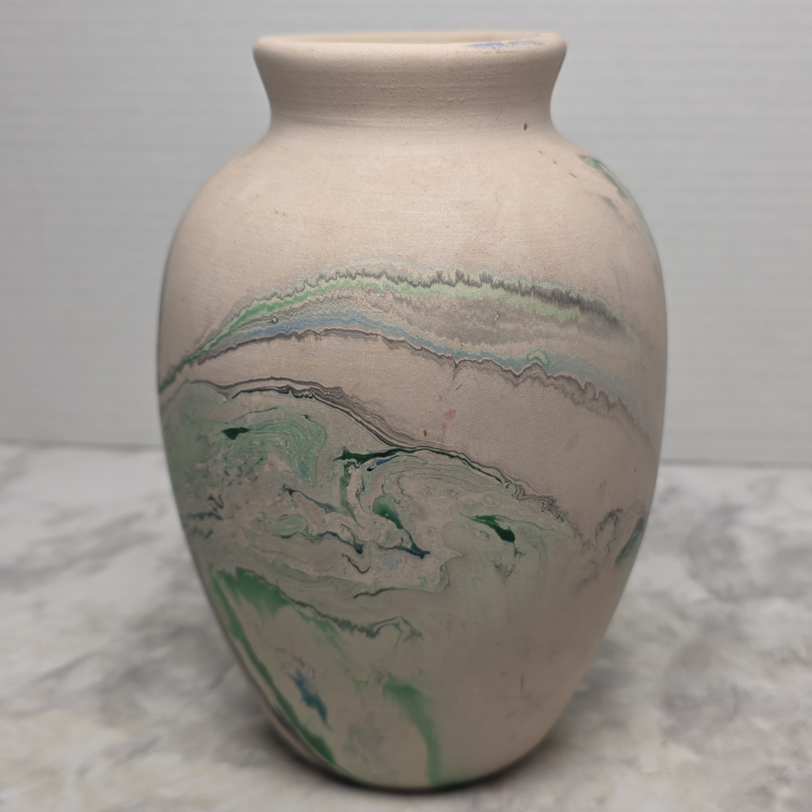 Vintage Nemadji Pottery Blue Green Black Swirl Tall Vase Handmade Clay Art