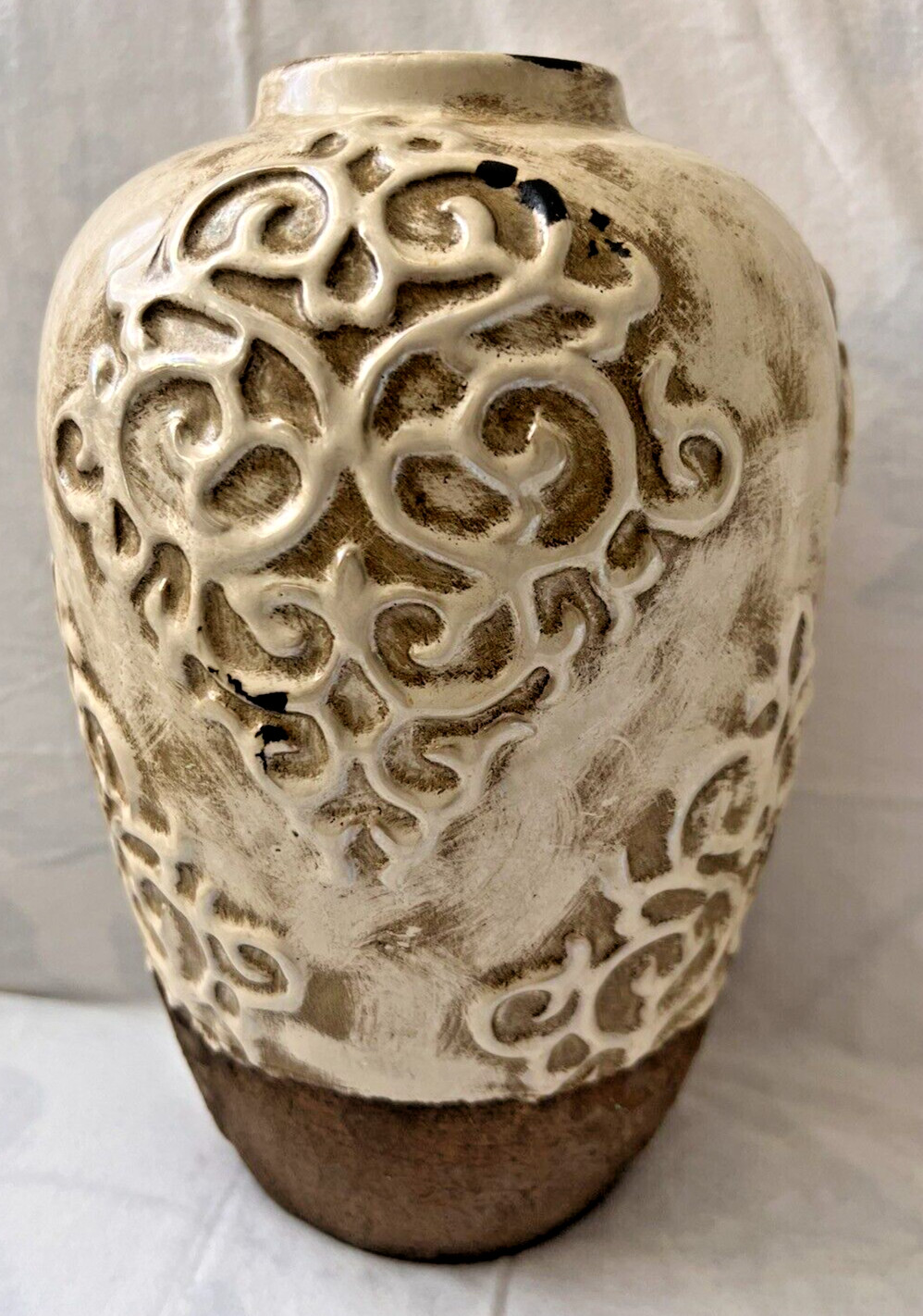 Embossed Textured Vase Tan and Brown Approximately 10 Inches Tall