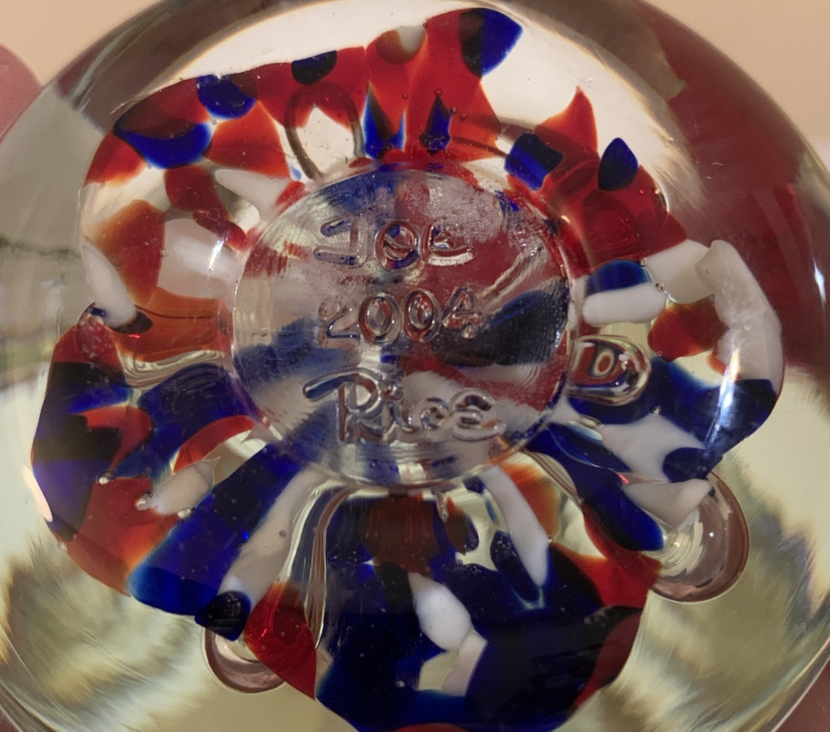 Joe Rice 2004 Glass Paperweight Liberty Bell Red White Blue Floral VTG 4”