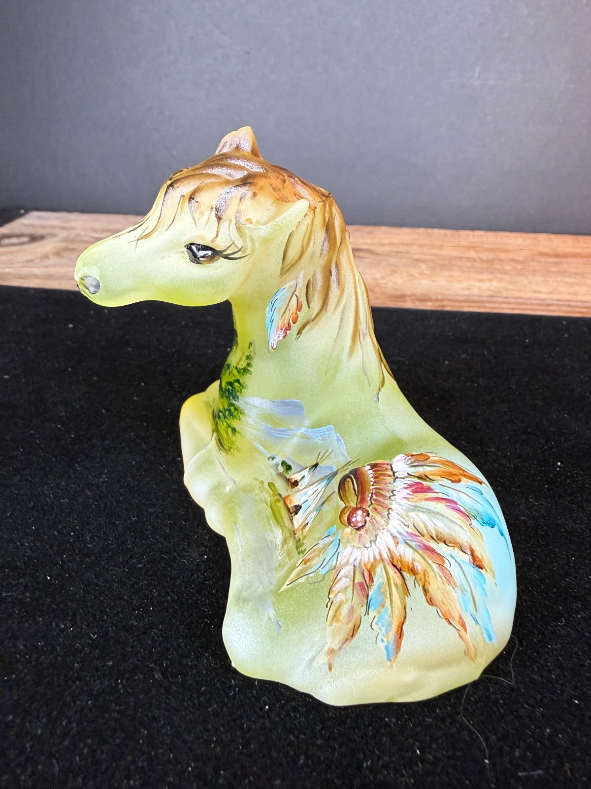 Fenton Gift Shop Topaz Vaseline Dancing Feather Horse Pony Foal LE 24/61 Glows
