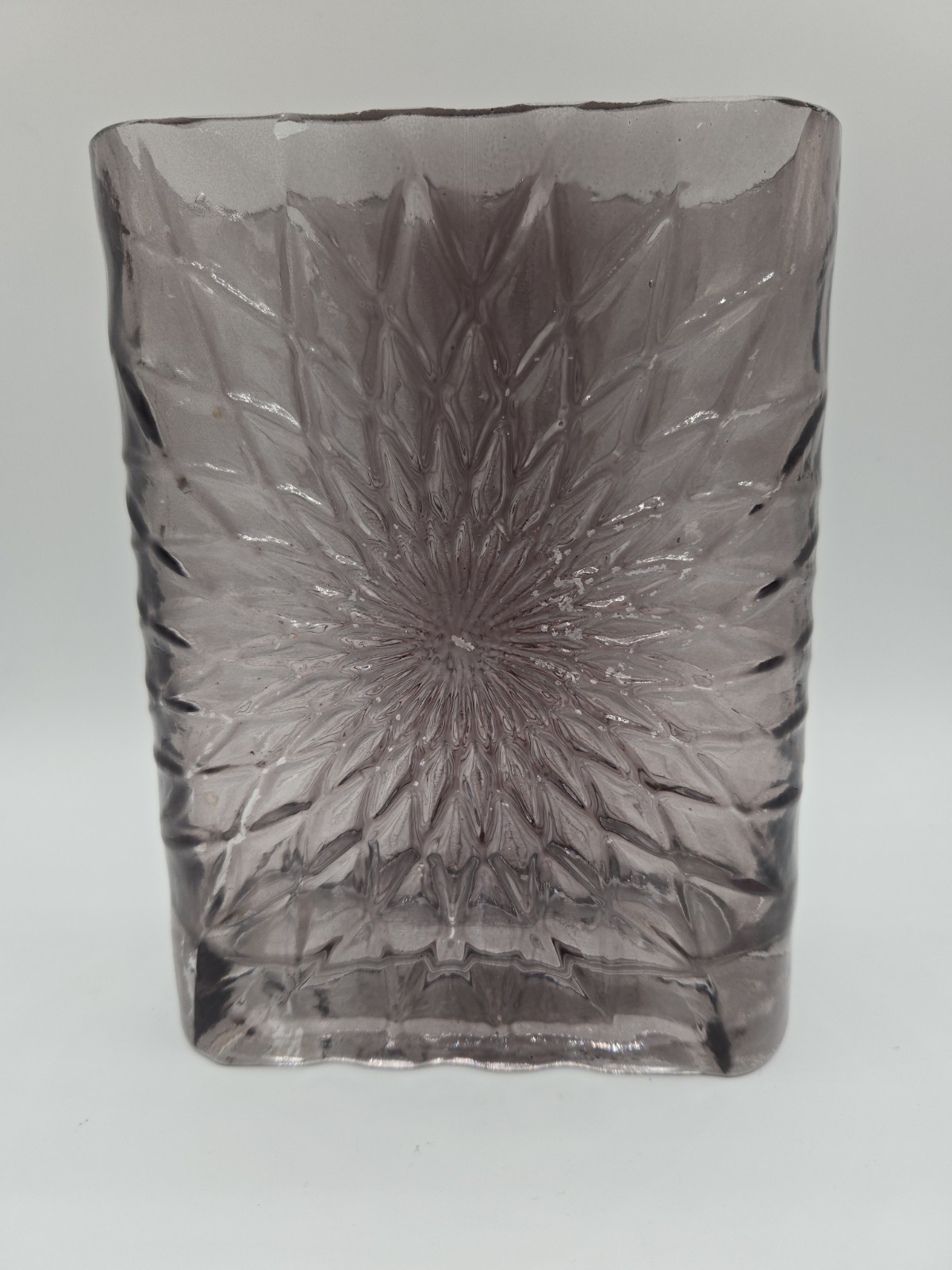 Art Glass Textured Starburst Rectangle Vase Smoke Color READ
