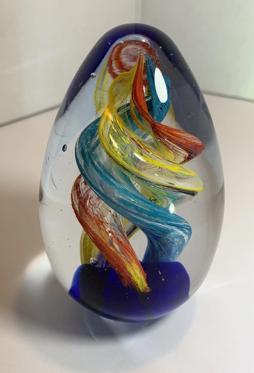 Vintage Egg-Shaped Art Glass Paperweight Swirls Bubbles Cobalt Blue Base