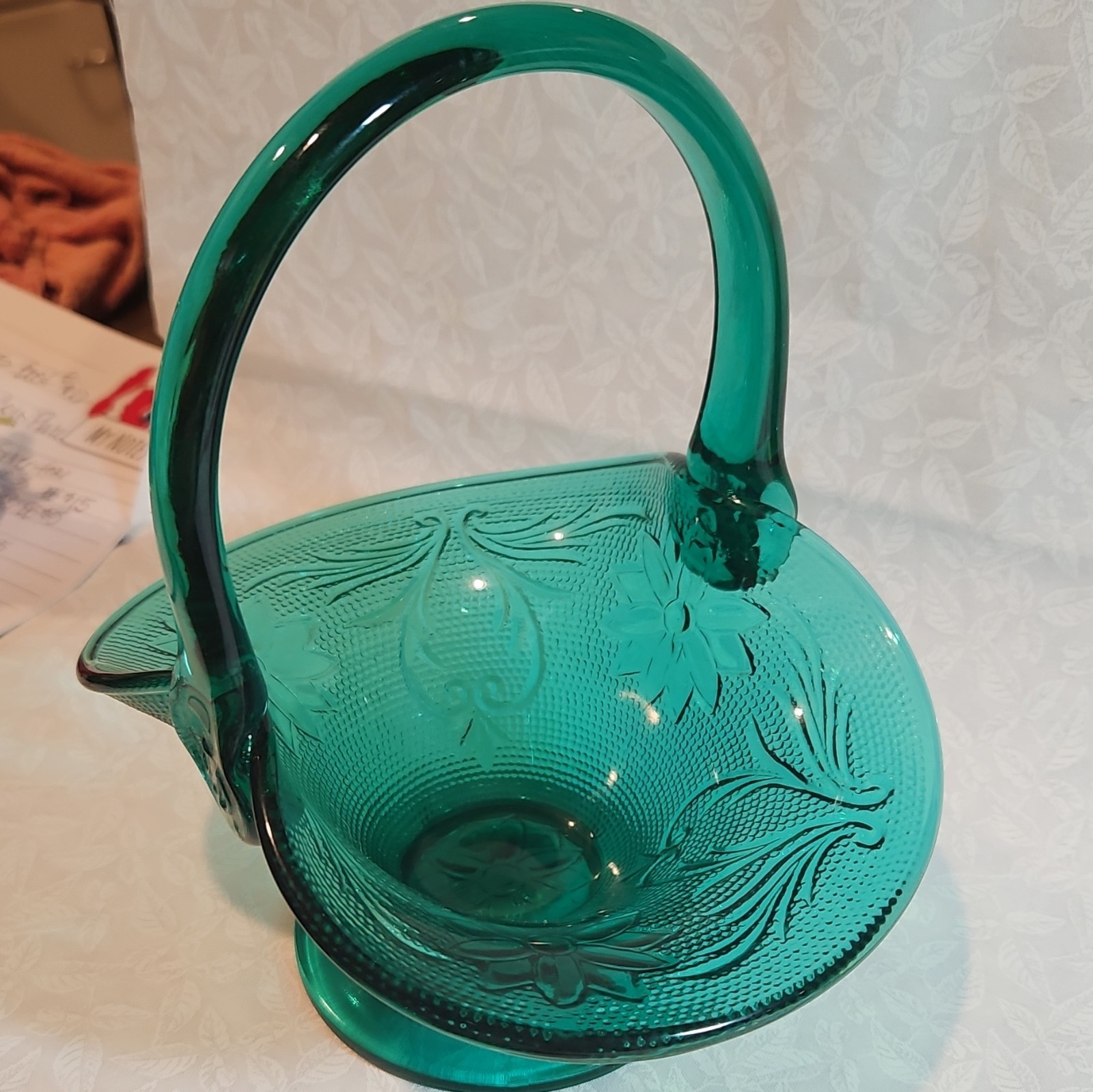 Indiana Glass Teal Decorative Basket, Round, With Handle, 7x8x5.5 in