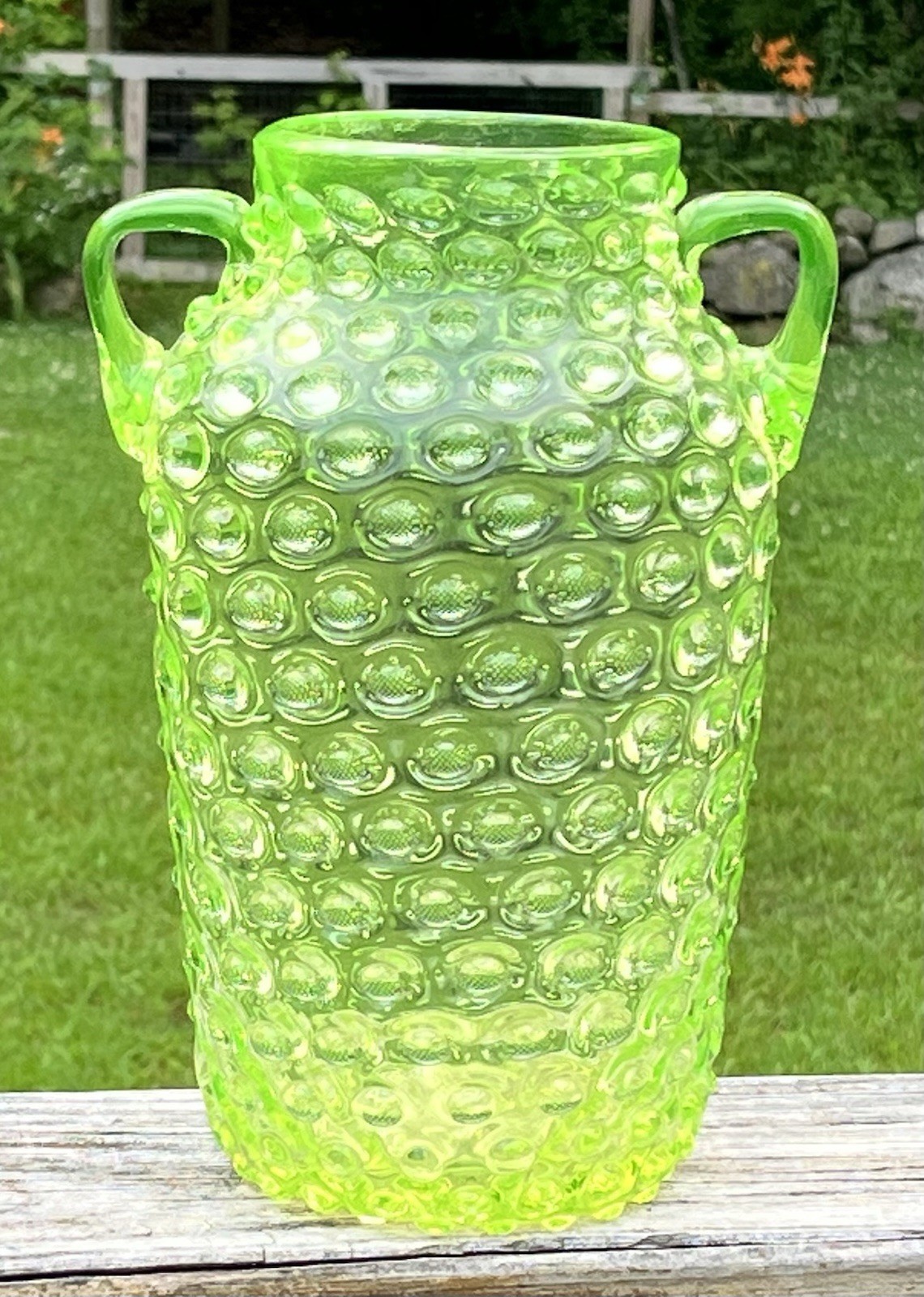 1880’s Vaseline Uranium Art Glass Two Handled Thousand Eye 10 1/2” X 6 1/4” Vase