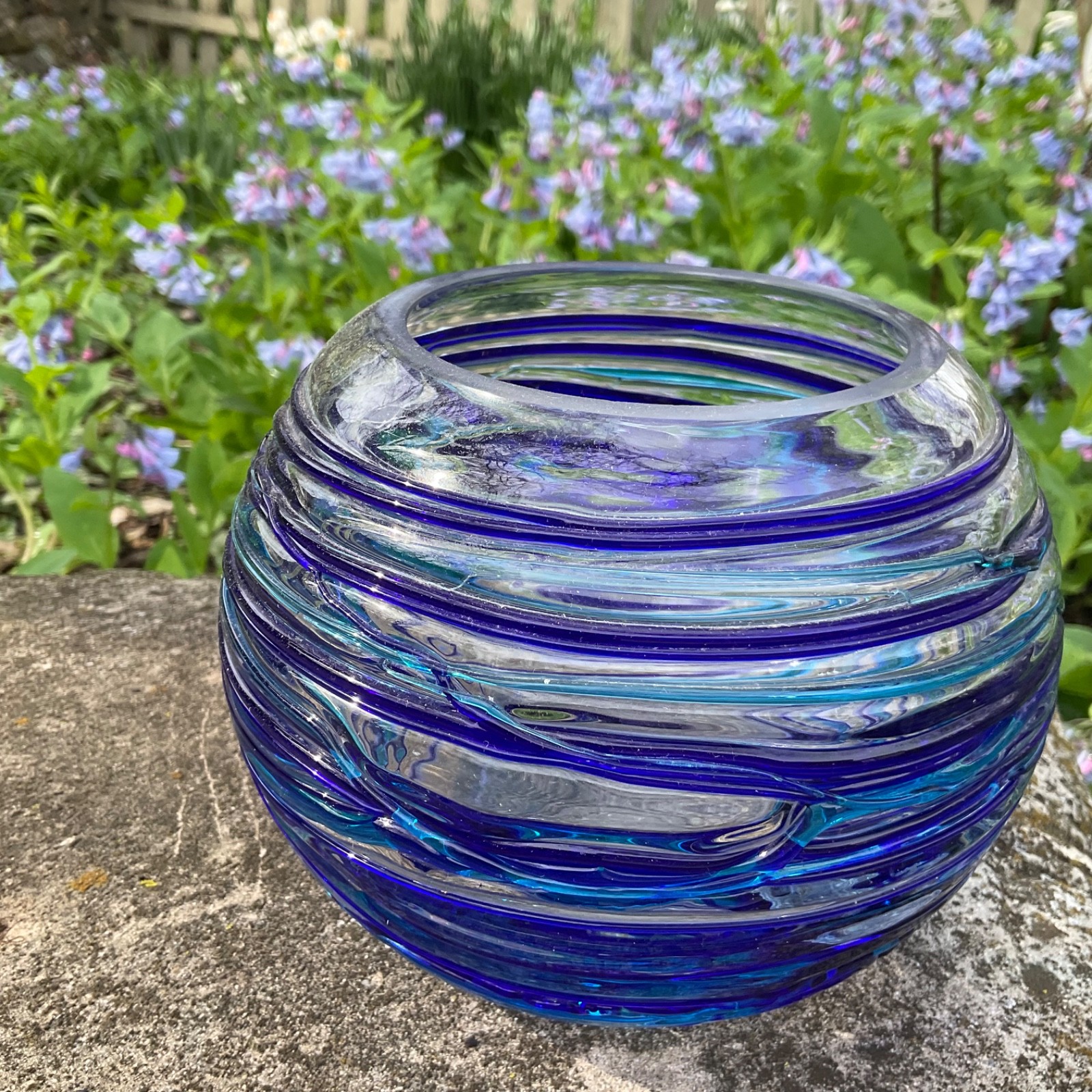 Art Glass Vase Hand Blown Clear Round Blue/Teal Swirls 6” Wedding New Home Gifts