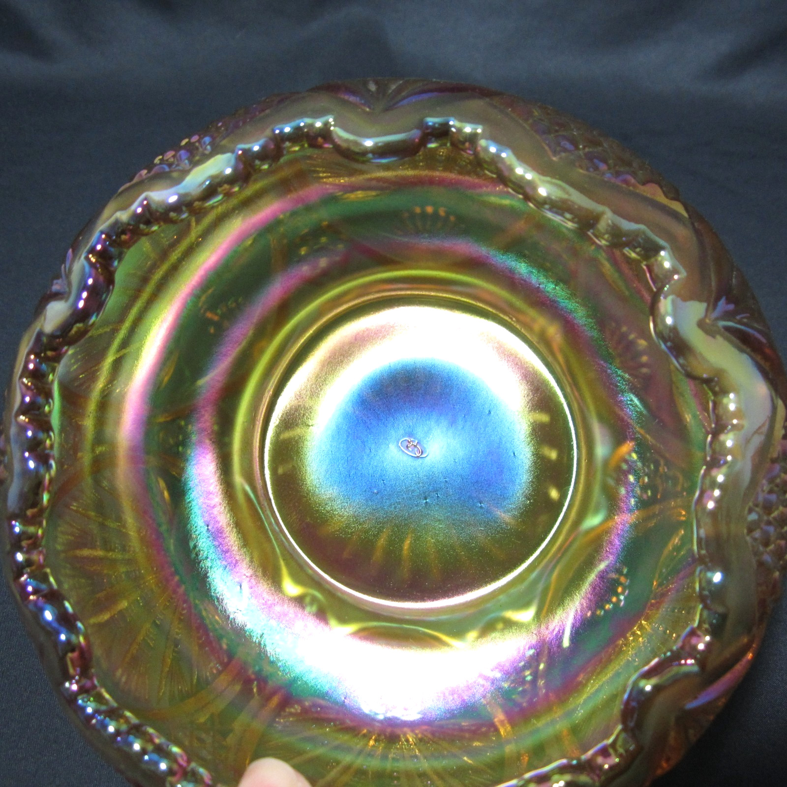 Fenton Marigold Carnival Glass Regency Rose Bowl Vase – Fan/Sunburst/Button