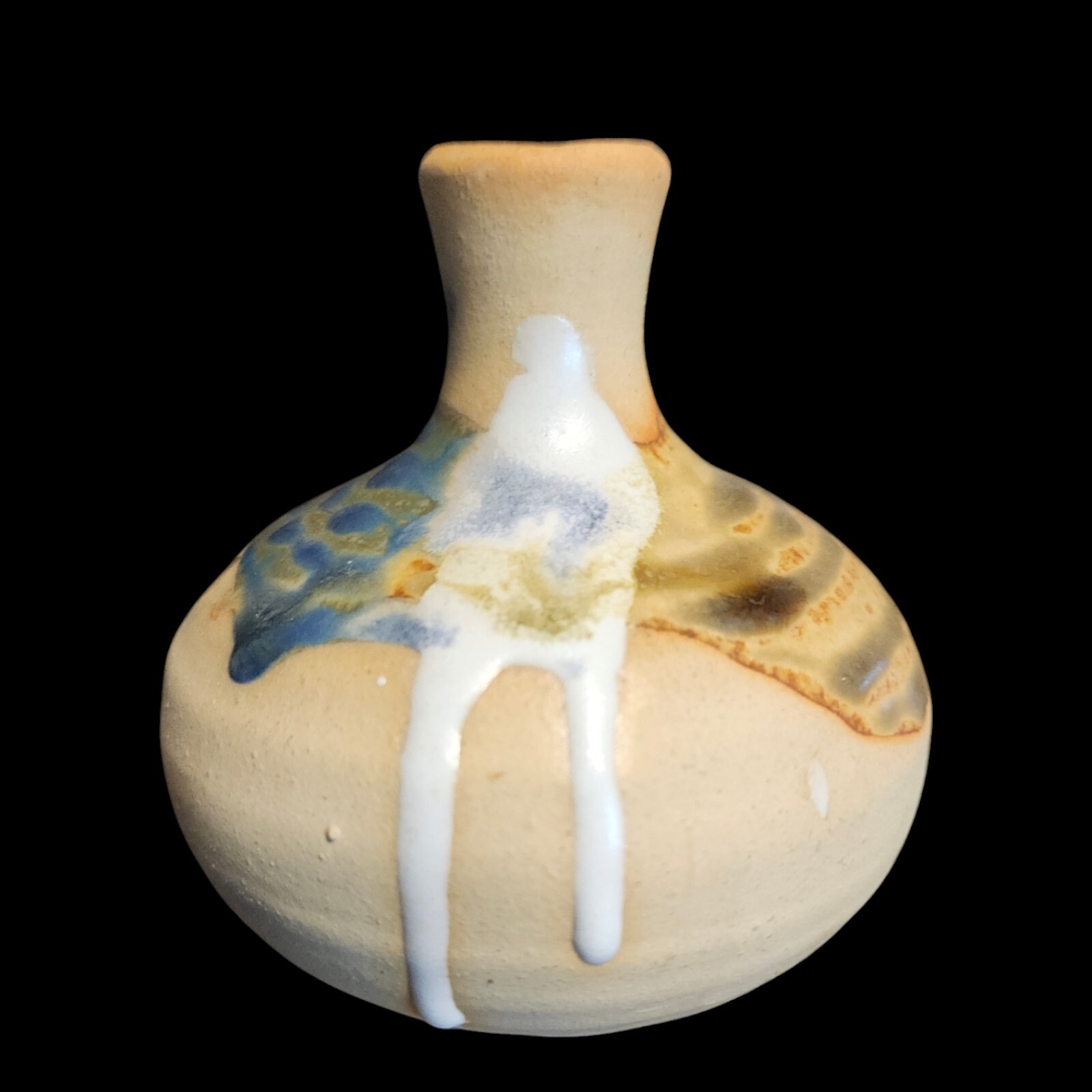 Studio Art Pottery Vase Drip Glaze 3.5″ Blue White Rust Tan Bud Rustic Vessel