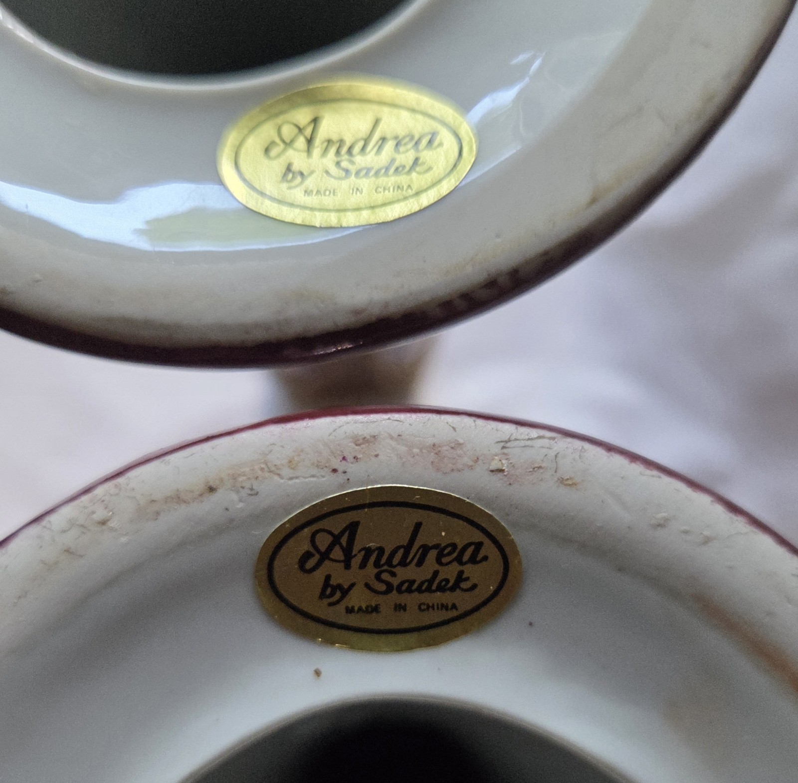 MATCHED PAIR ANDREA BY SADEK 10 1/2″ CANDLE HOLDERS CANDLE STICKS CHINA BURGUNDY