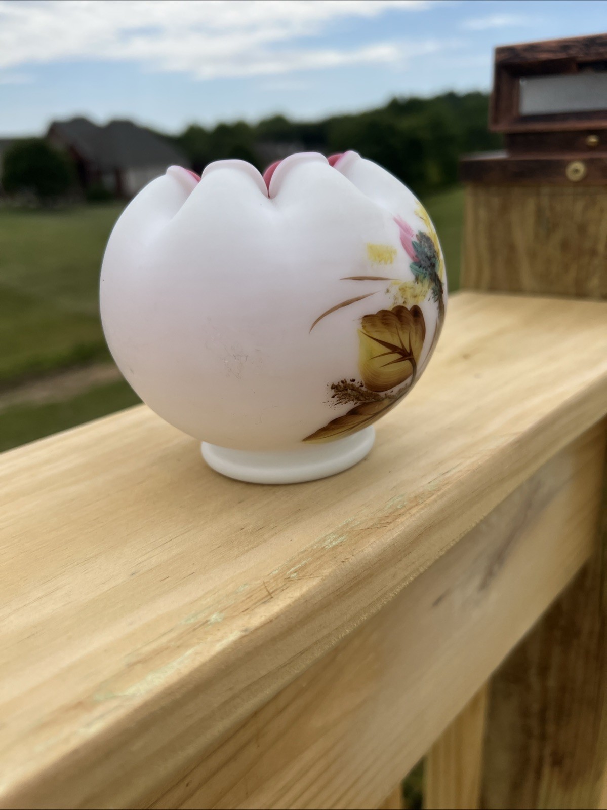Vintage Fenton LG Wright Peach Blow Moss Rose Glass Rose Bowl Satin Hand Painted