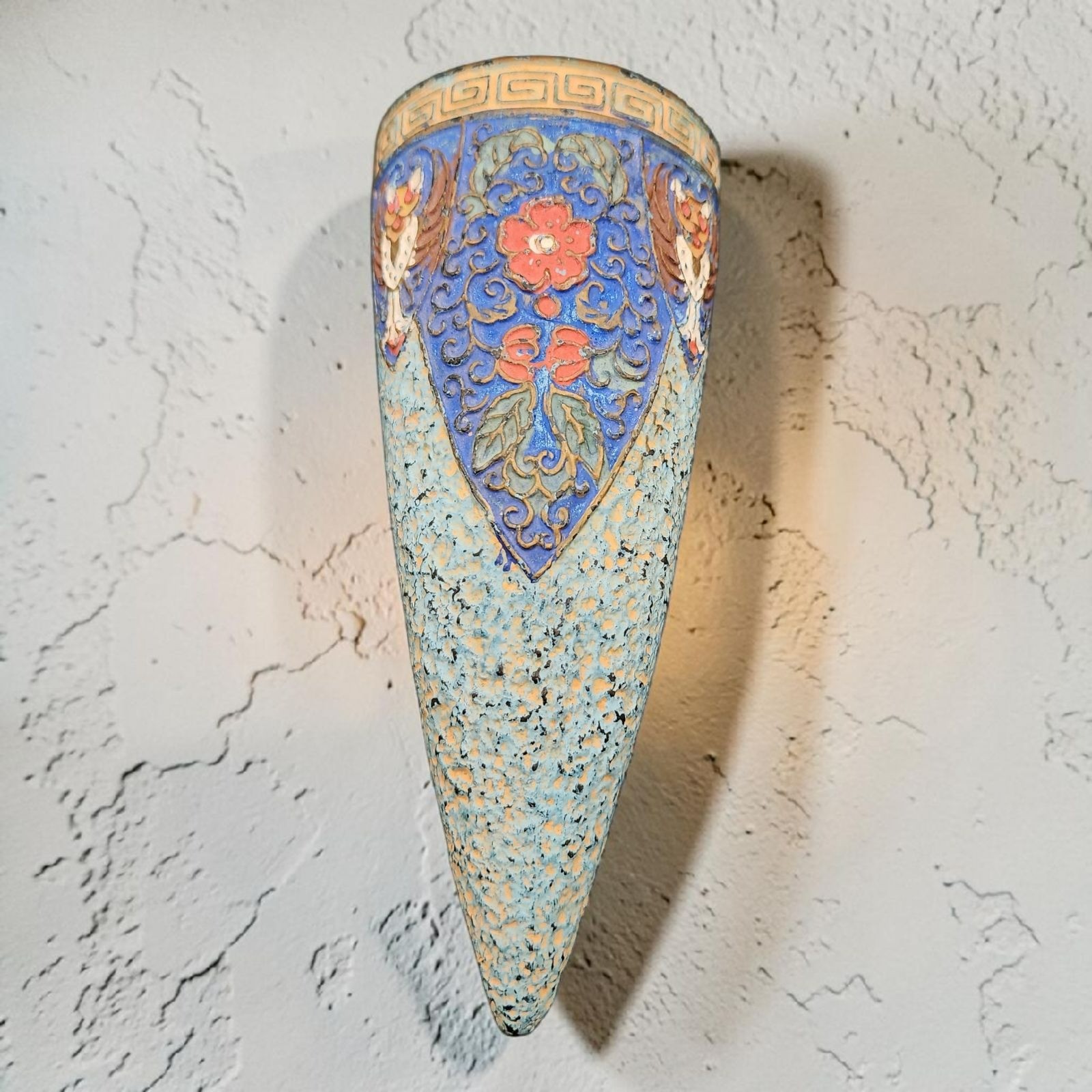 Tokanabe Art Deco Ceramic Wall Pocket Greek Key Griffin Motif 7″ Long Vintage