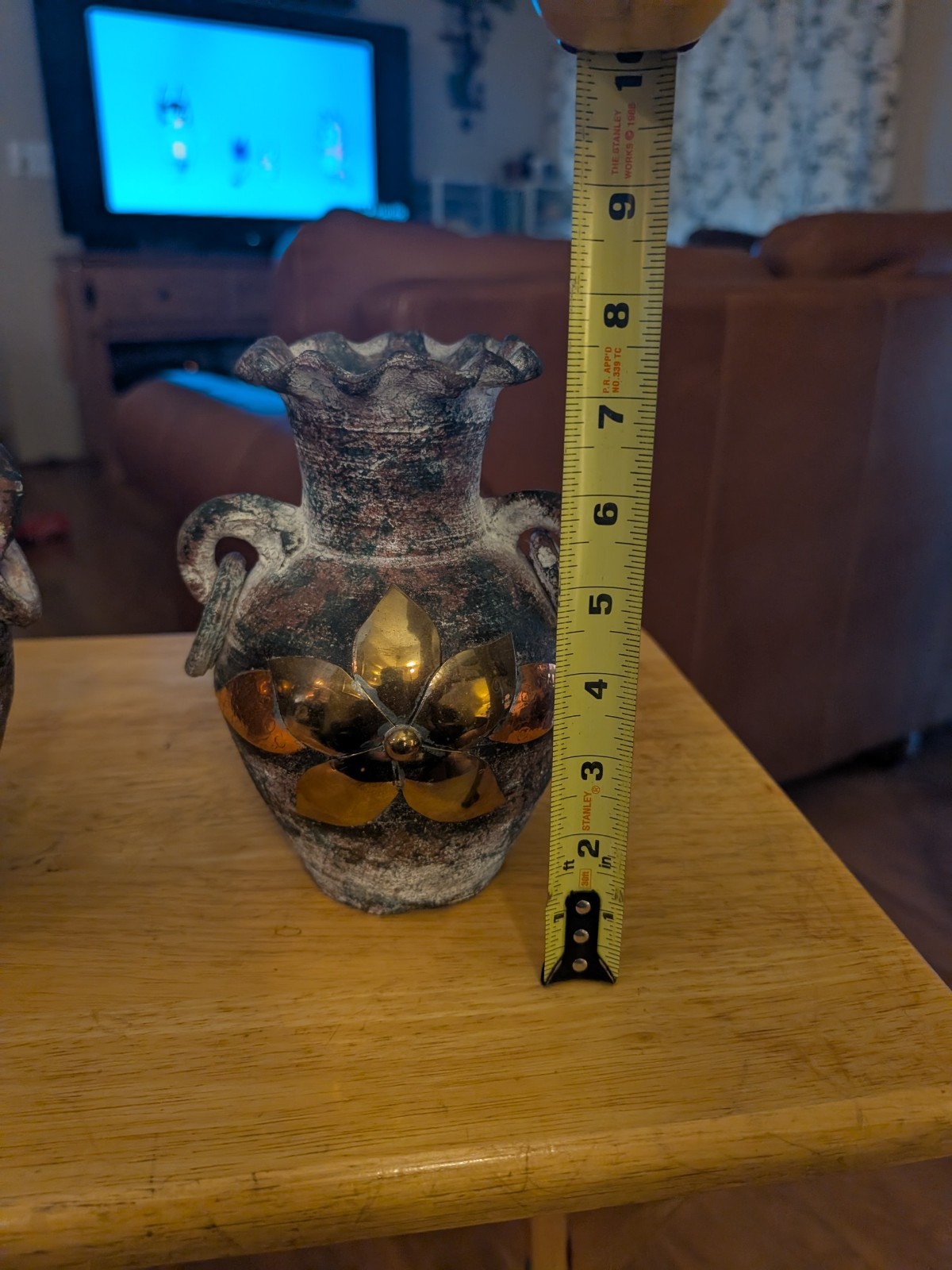 (2)Pottery Vintage Vase Brass and Copper Accents Loop Handles Primitive Folk Art