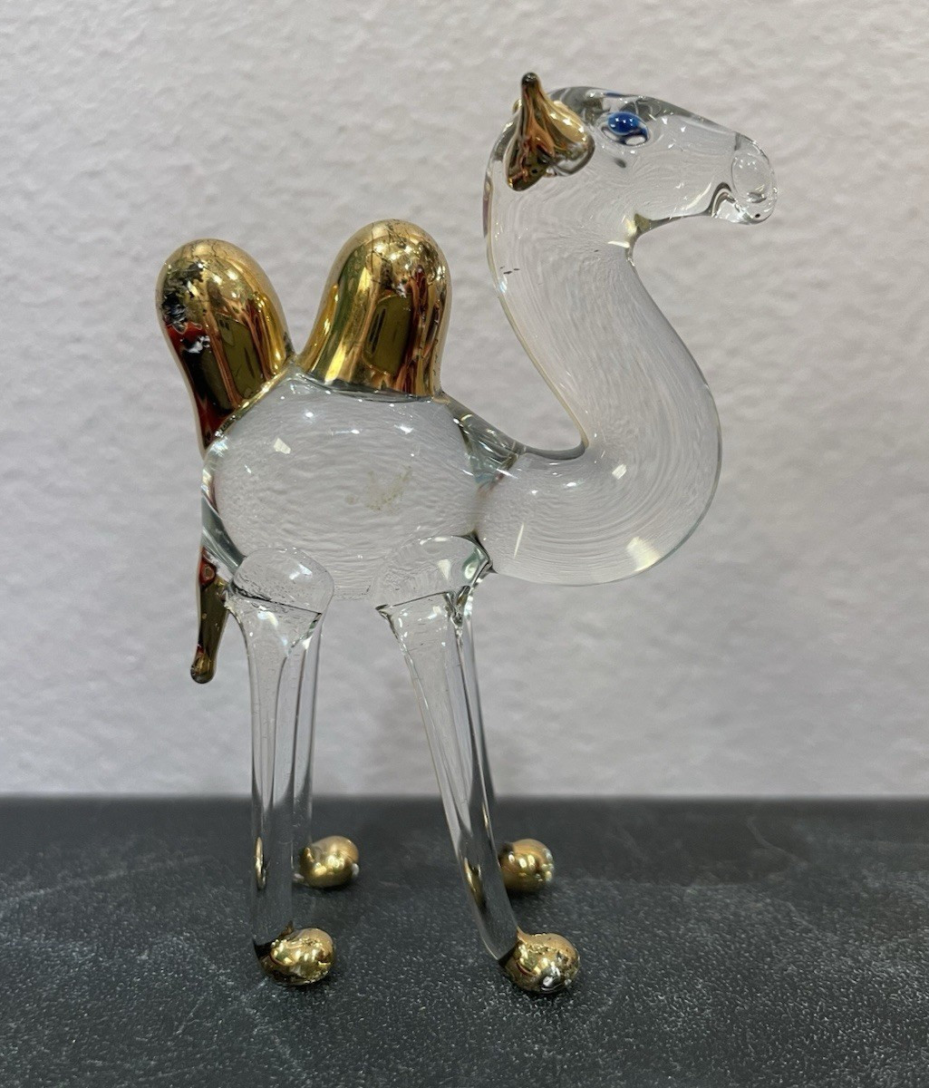 Camel BLOWN GLASS CRYSTAL Gold FIGURINE 3″ 2 Humps BLUE EYES