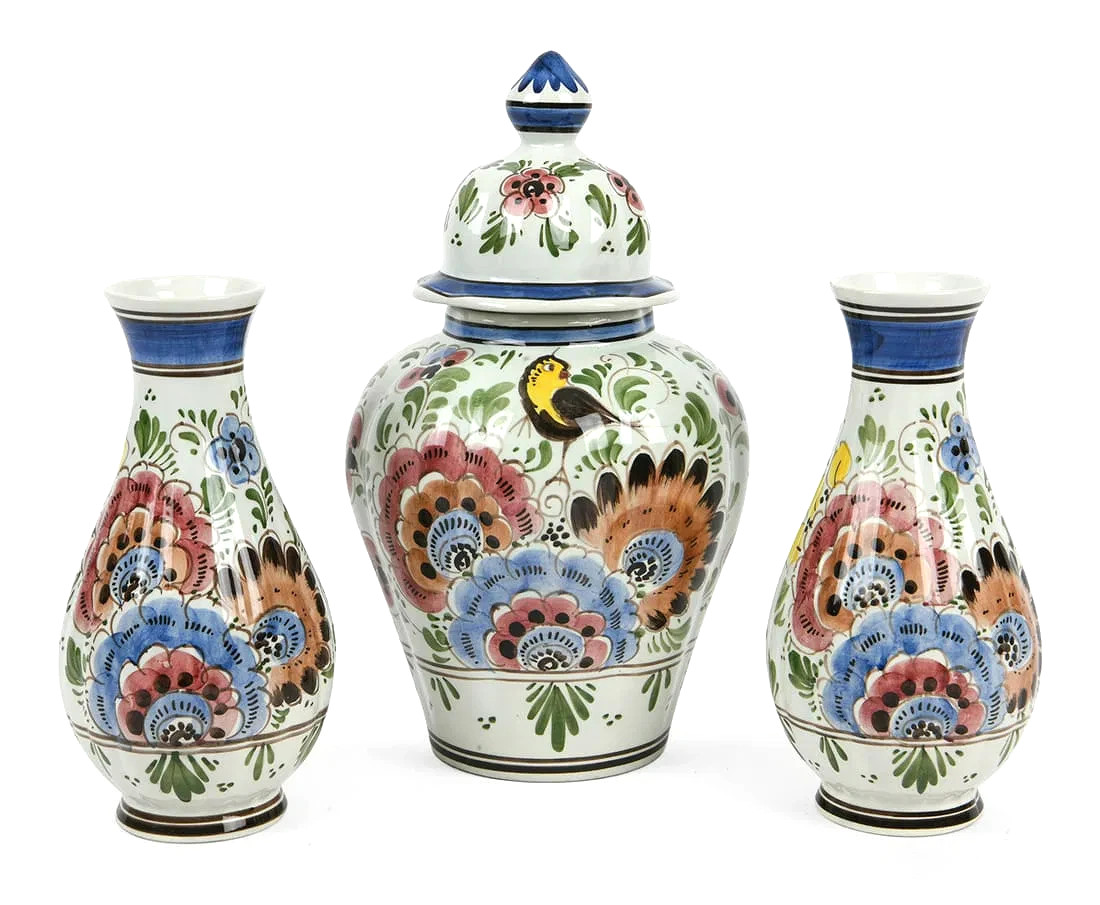 VTG Set 3 Holland Delfts Polychrome Floral Bird- Lid Ginger Jar 12″ & 2 Vases 8″