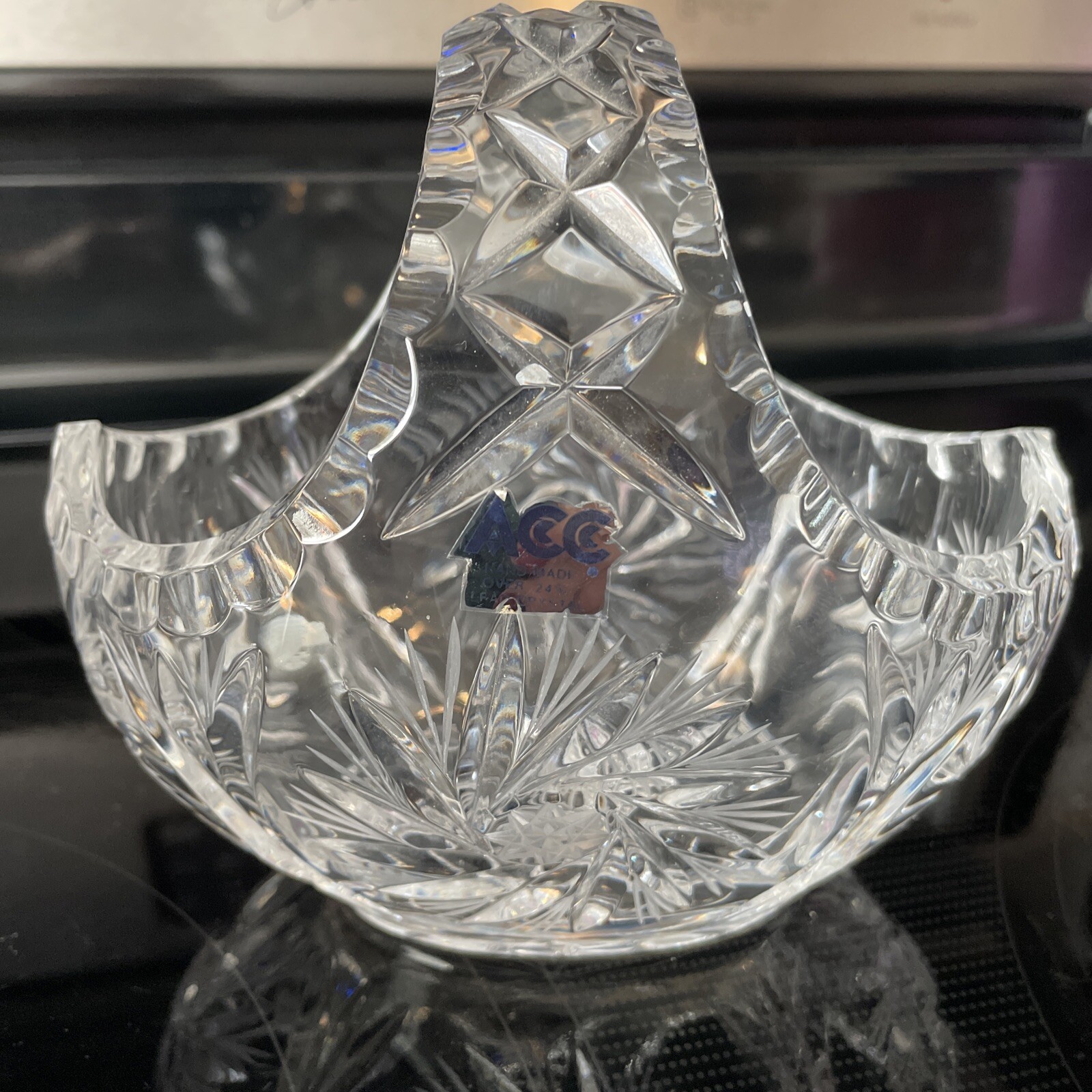 Crystal Candy Dish ACC Deep Cut Handled Bridal Basket Fan Star Cuts LG 6” X 4”