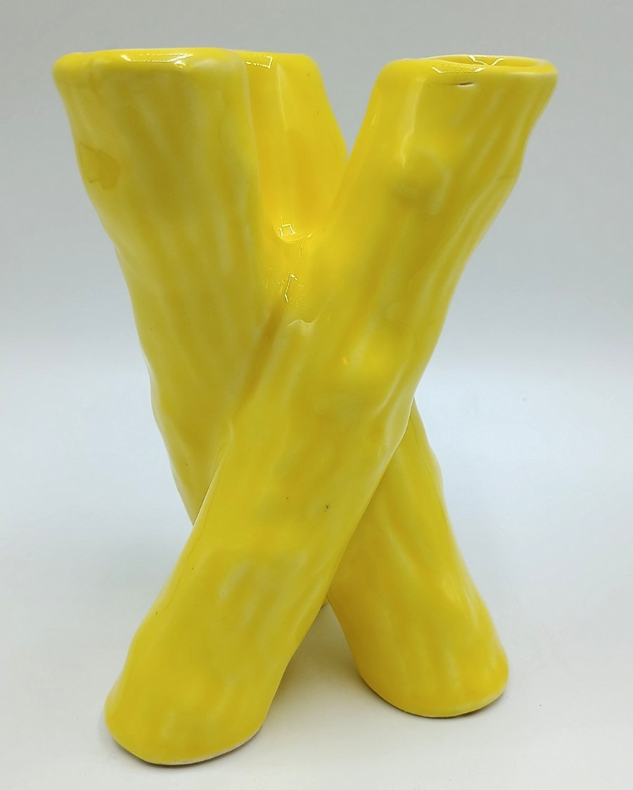 Vintage Camark Pottery Twisted Bamboo Triple Bud Vase Yellow
