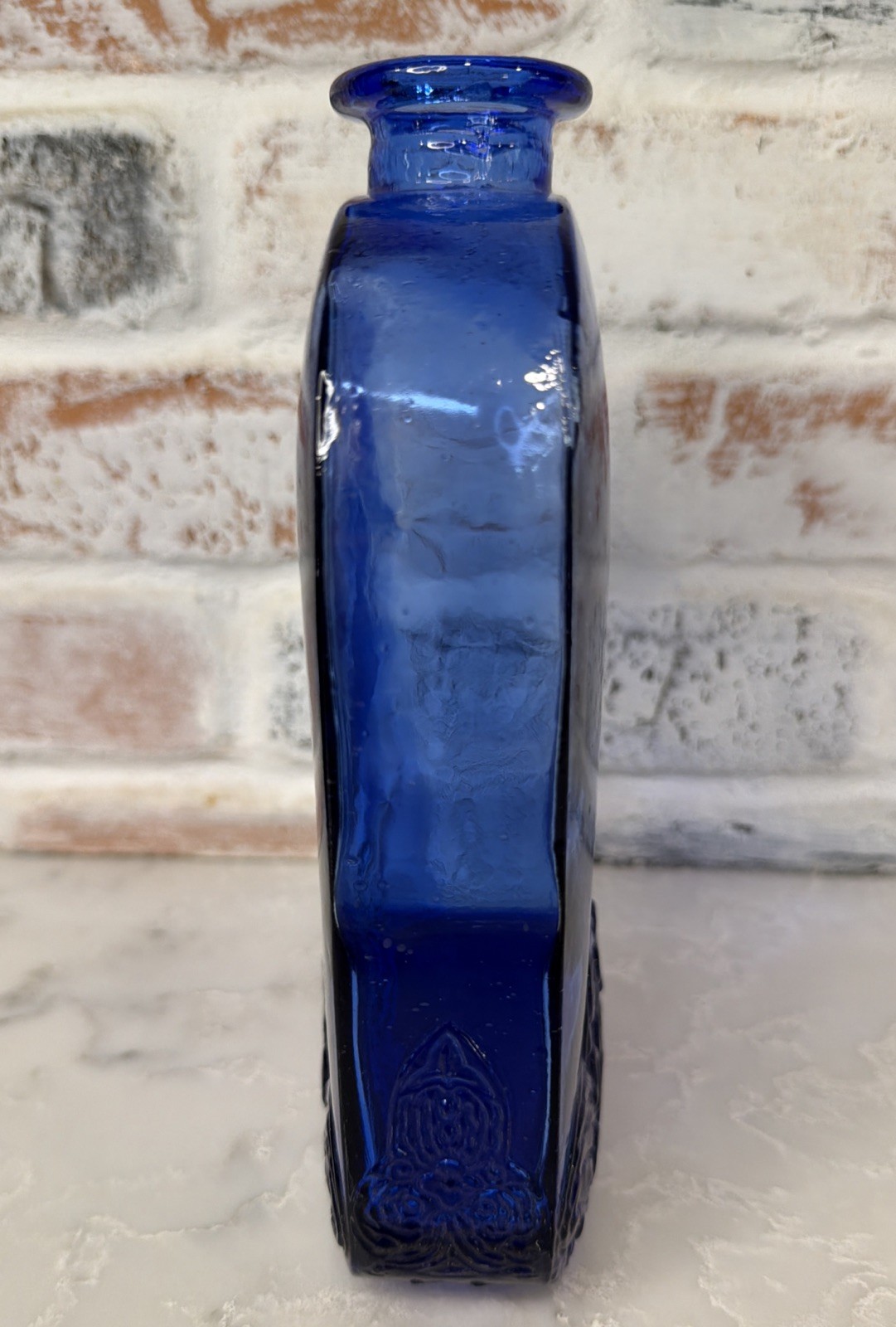 Vintage 8” Spanish Cobalt Blue Glass Bottle w/ Embossed Abstract Floral Design
