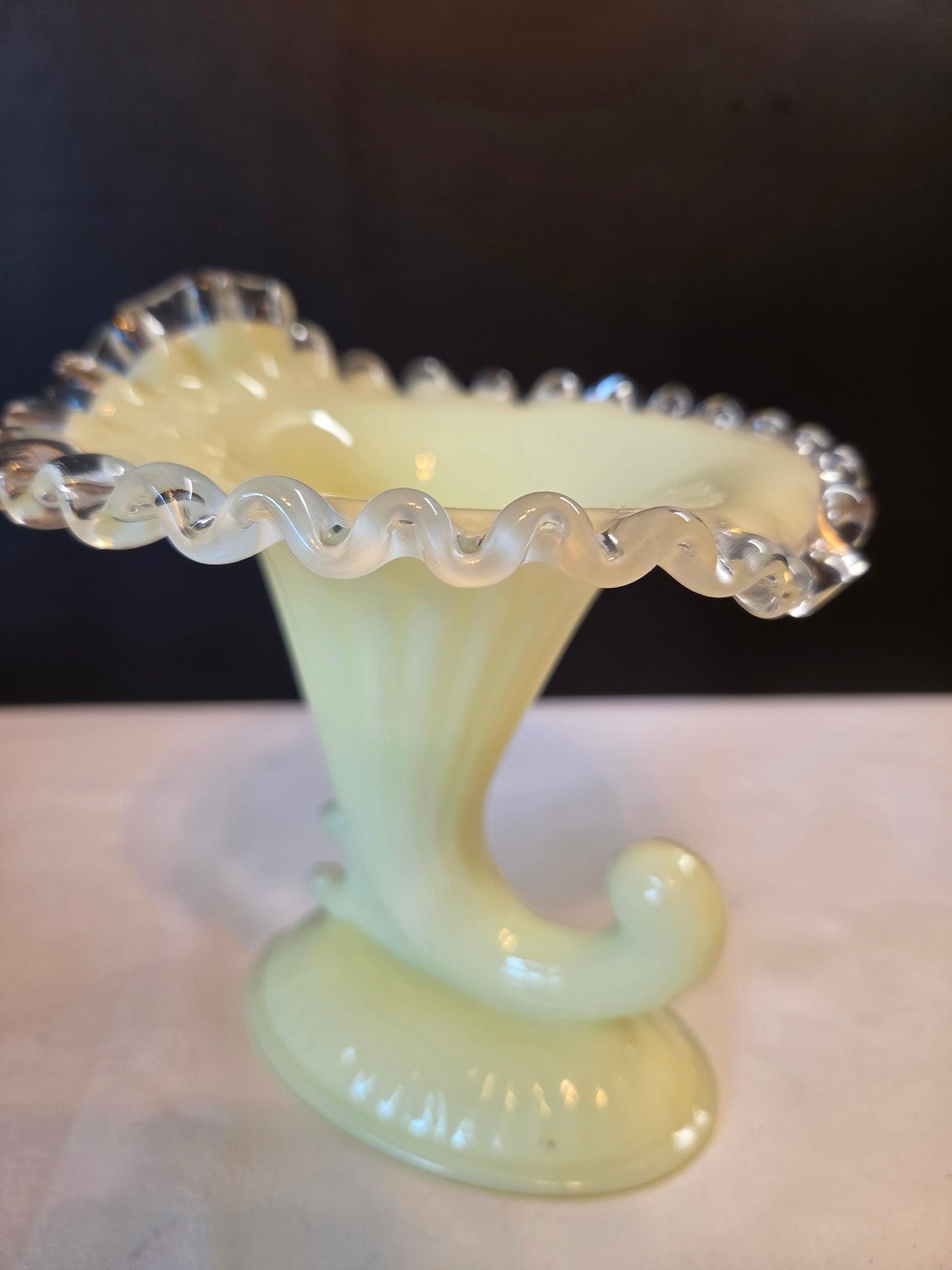 Set Of 2 Vintage Fenton Ivory Crest Cornucopia Custard Glass Candlesticks