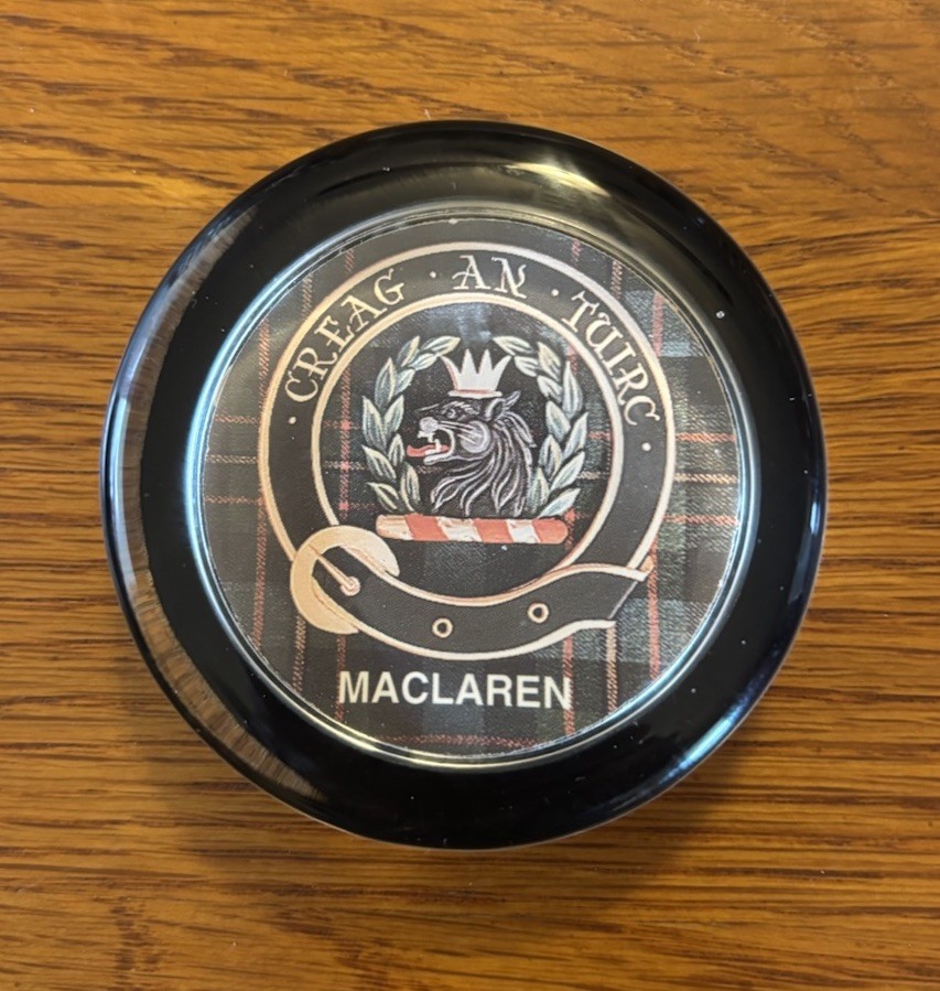 McLaren Family Crest Crystal Paperweight From Scotland – EX Condition – 2 3/4”
