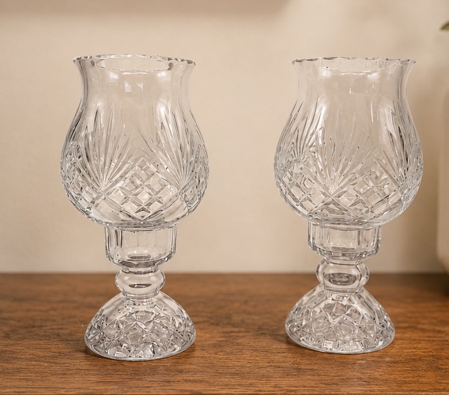 Pair Of Vintage “Essex” Hurricane Candle Holders By Crystal Clear Industries