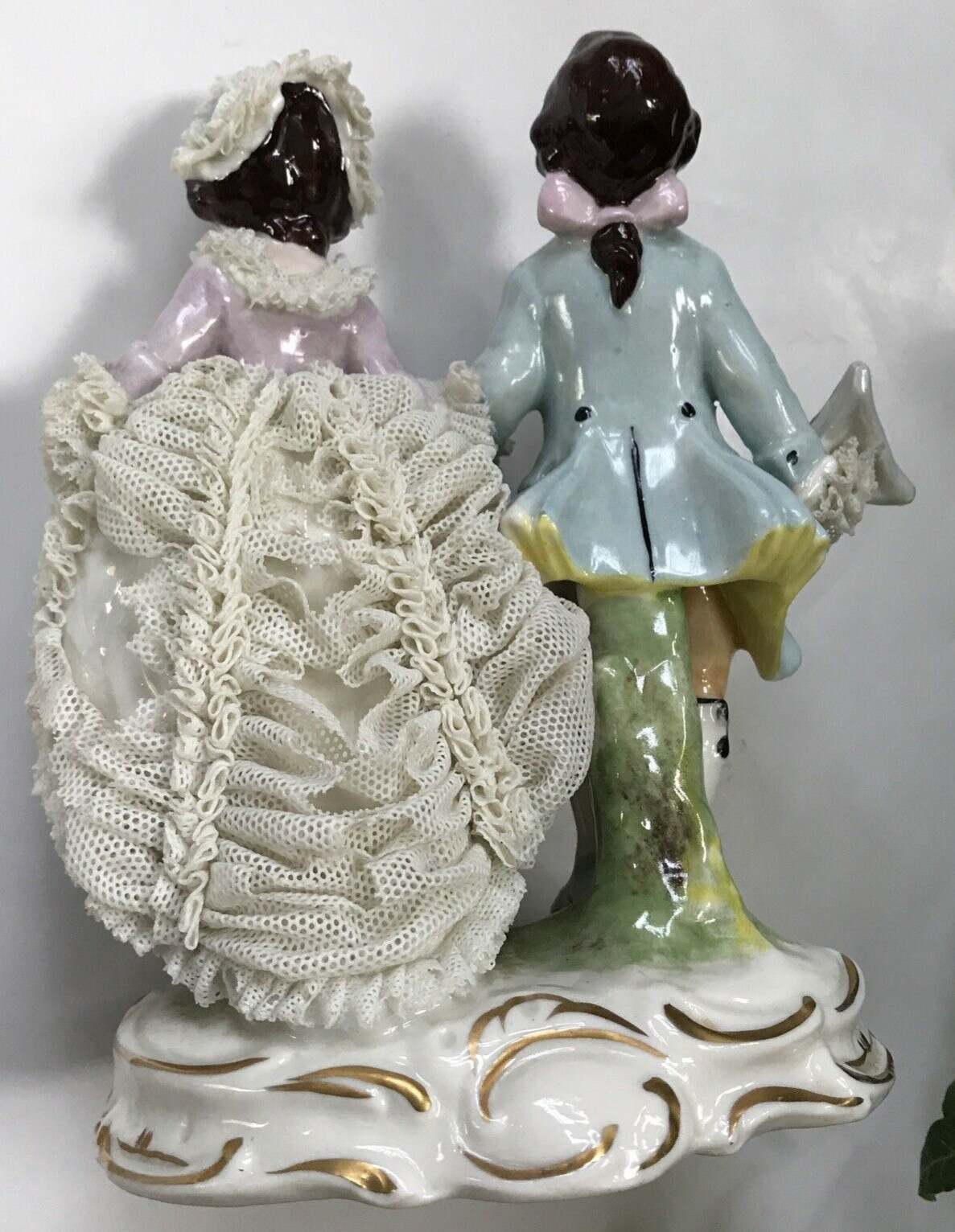 Antique Dresden Art Germany Lace Porcelain Man Woman Victorian Figurine 7″ H
