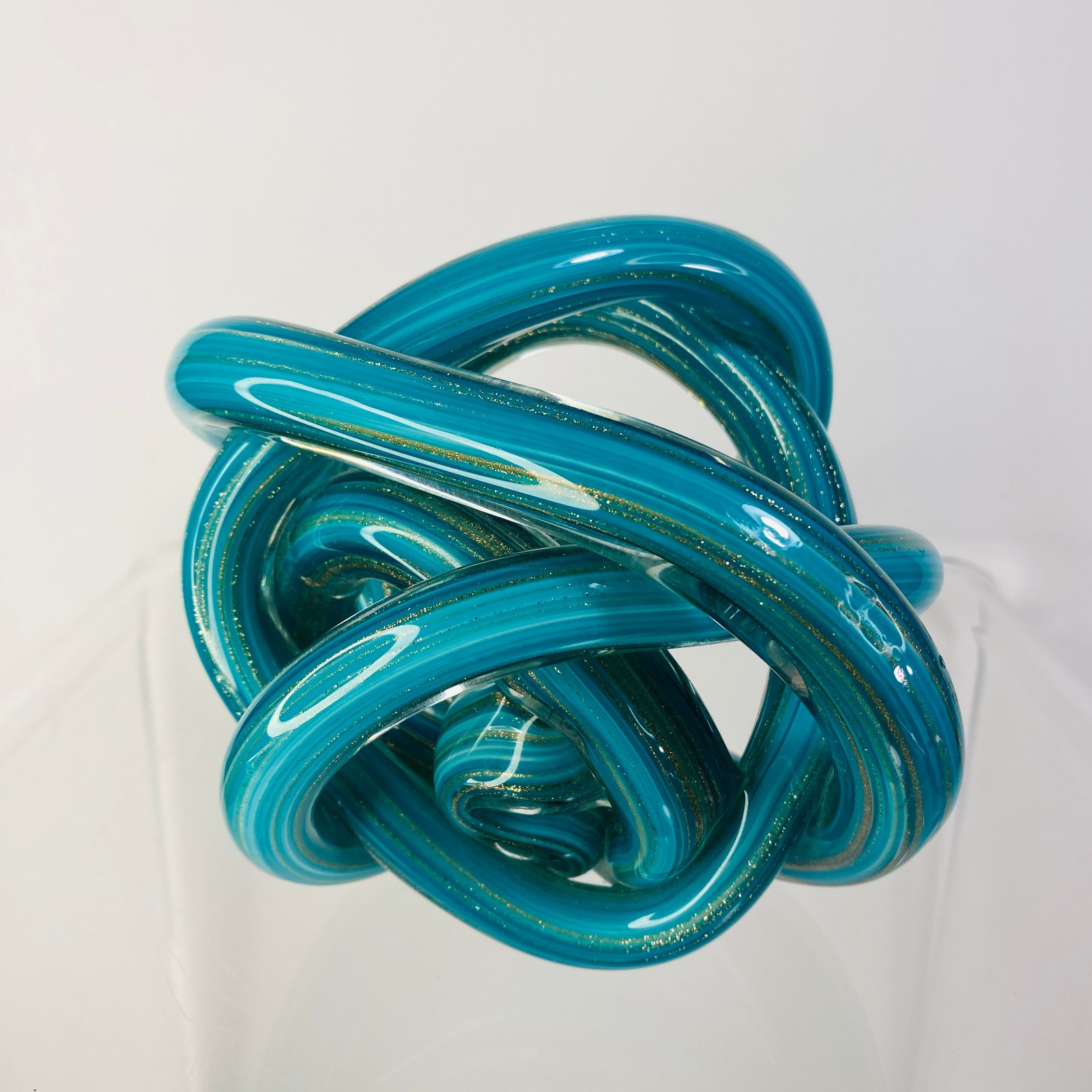 Blue Teal Silver Sparkle Abstract Art Glass Knot Twisted Figurine 5.5″x6