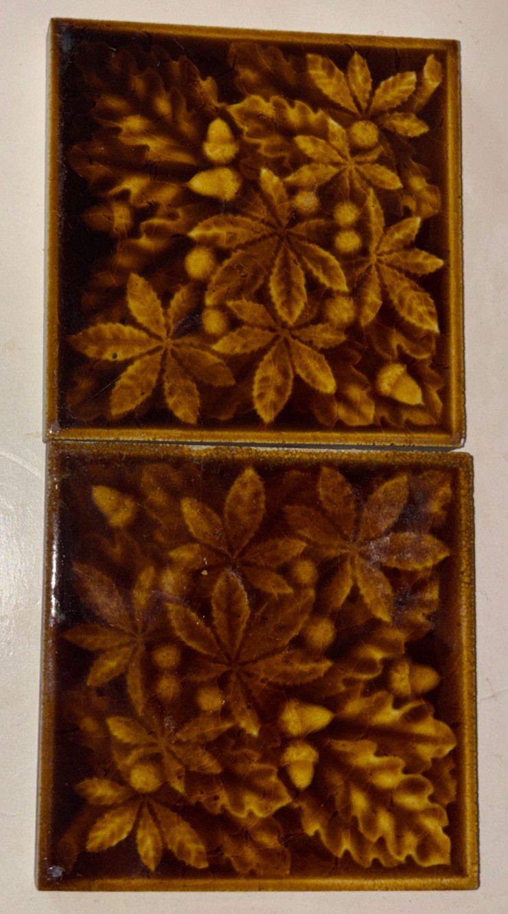 Pair Antique Raven Owen Co Art Tile Newburgh New York Pottery Tile Acorn Floral
