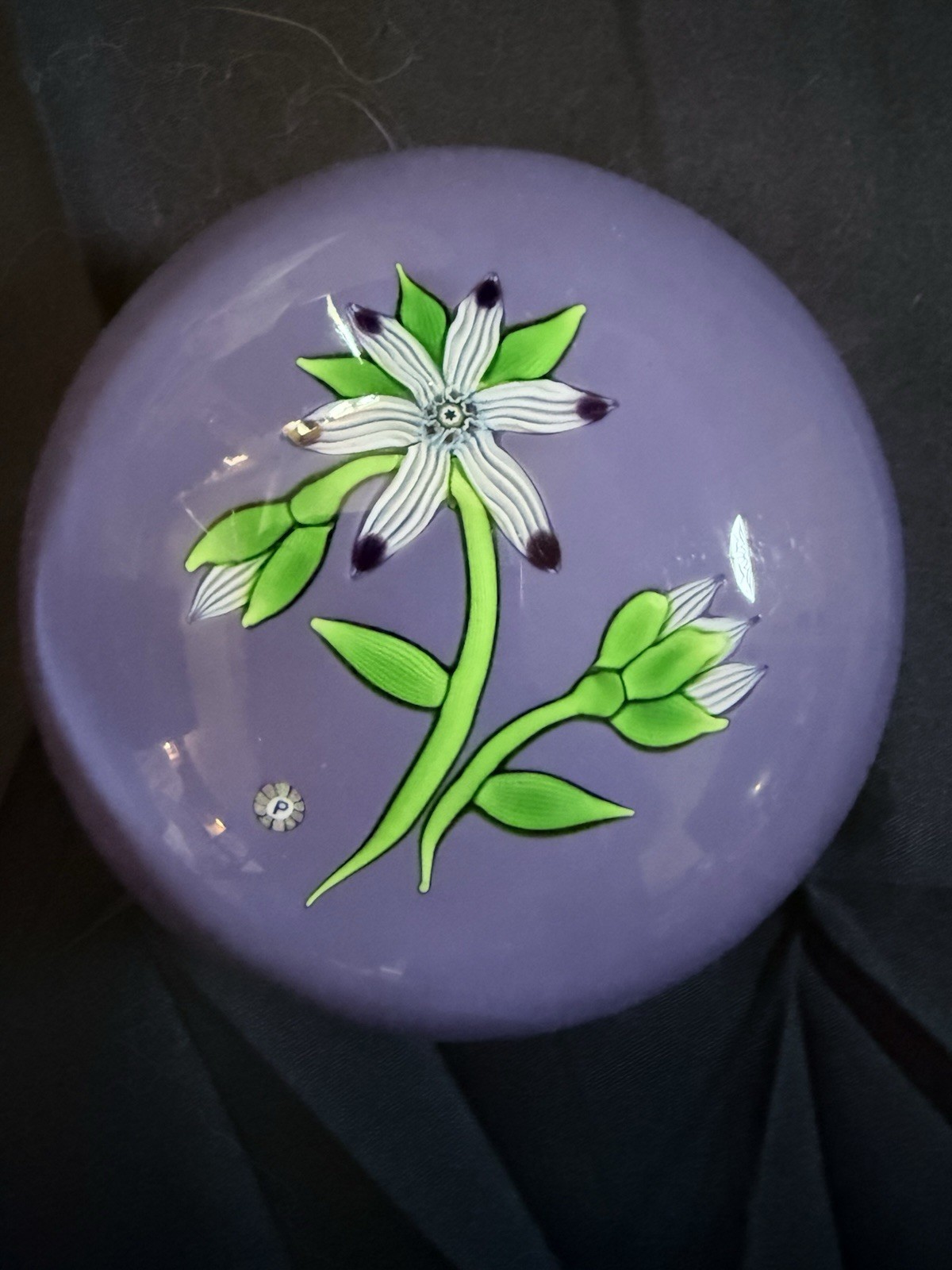 PERTHSHIRE PAPERWEIGHT 1974B LE “Flower And Buds” Glass Paperweight Lilac Ground