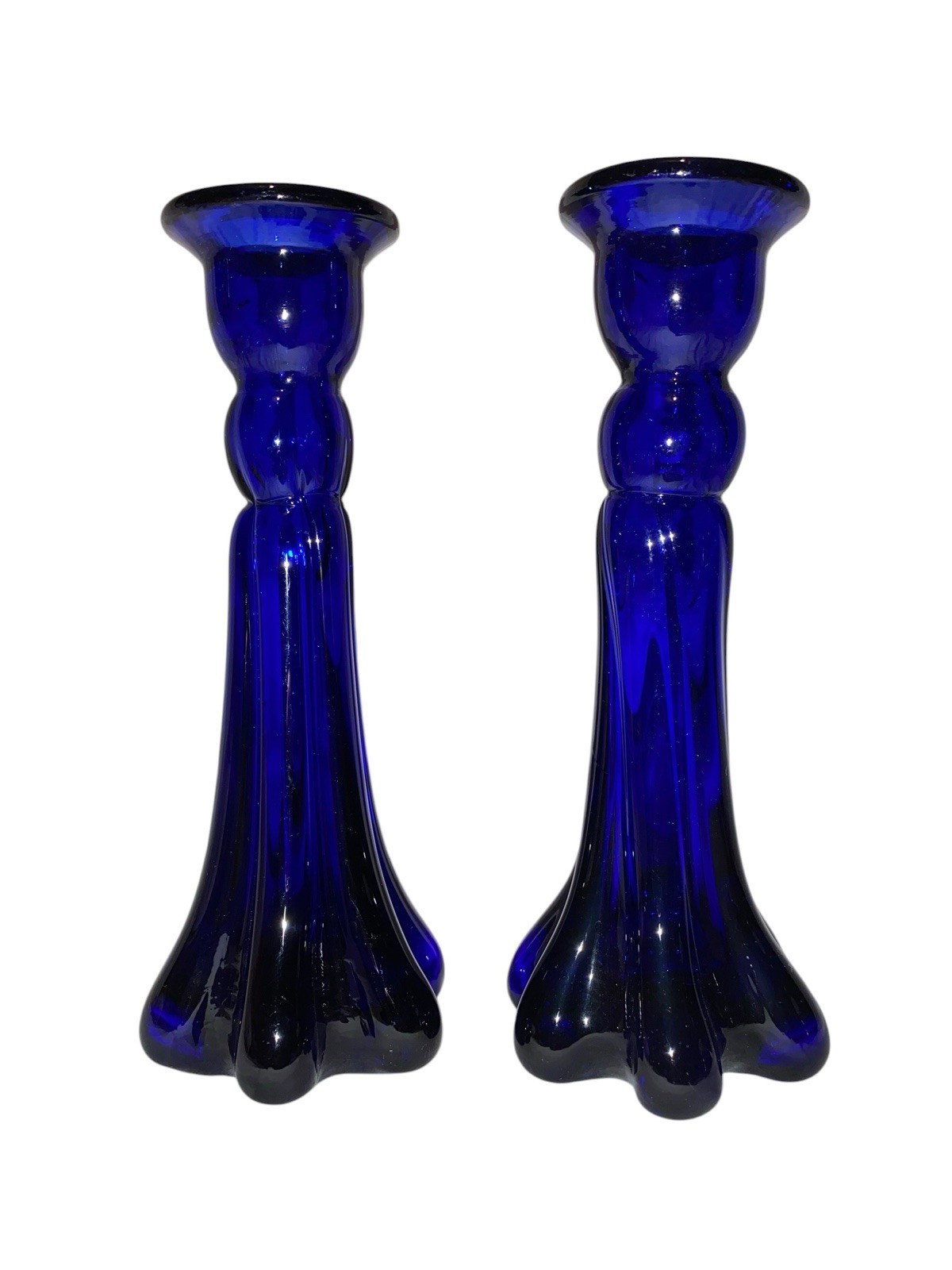 Two Vintage Contemporary Cobalt Blue *Snowflakes* Candlesticks 8.25” Tall