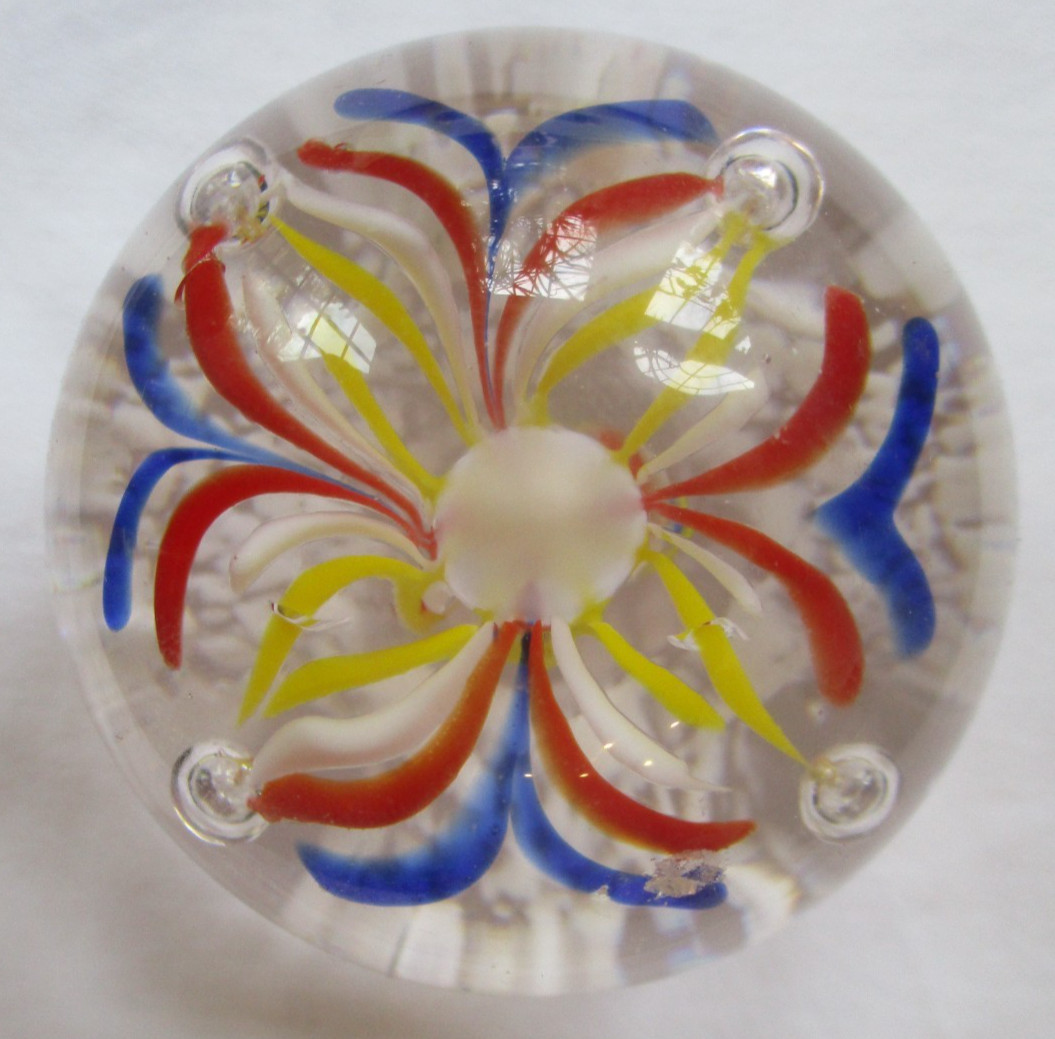 VINTAGE HAND BLOWN GLASS PAPERWEIGHT WITH MULTICOLOR FIREWORKS FLORAL