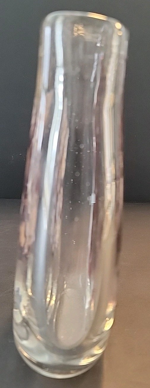 Art Glass Abstract Vase Sculpture Clear Glass Pink & Burgundy Flowers And Waves