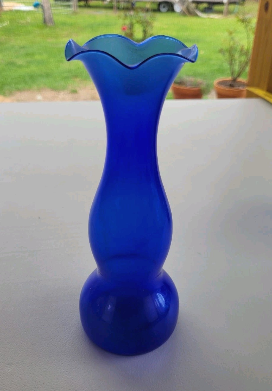 Vintage Cobalt Blue Blown Glass Bud Vase Ruffled Fluted Top Mid 20th Century