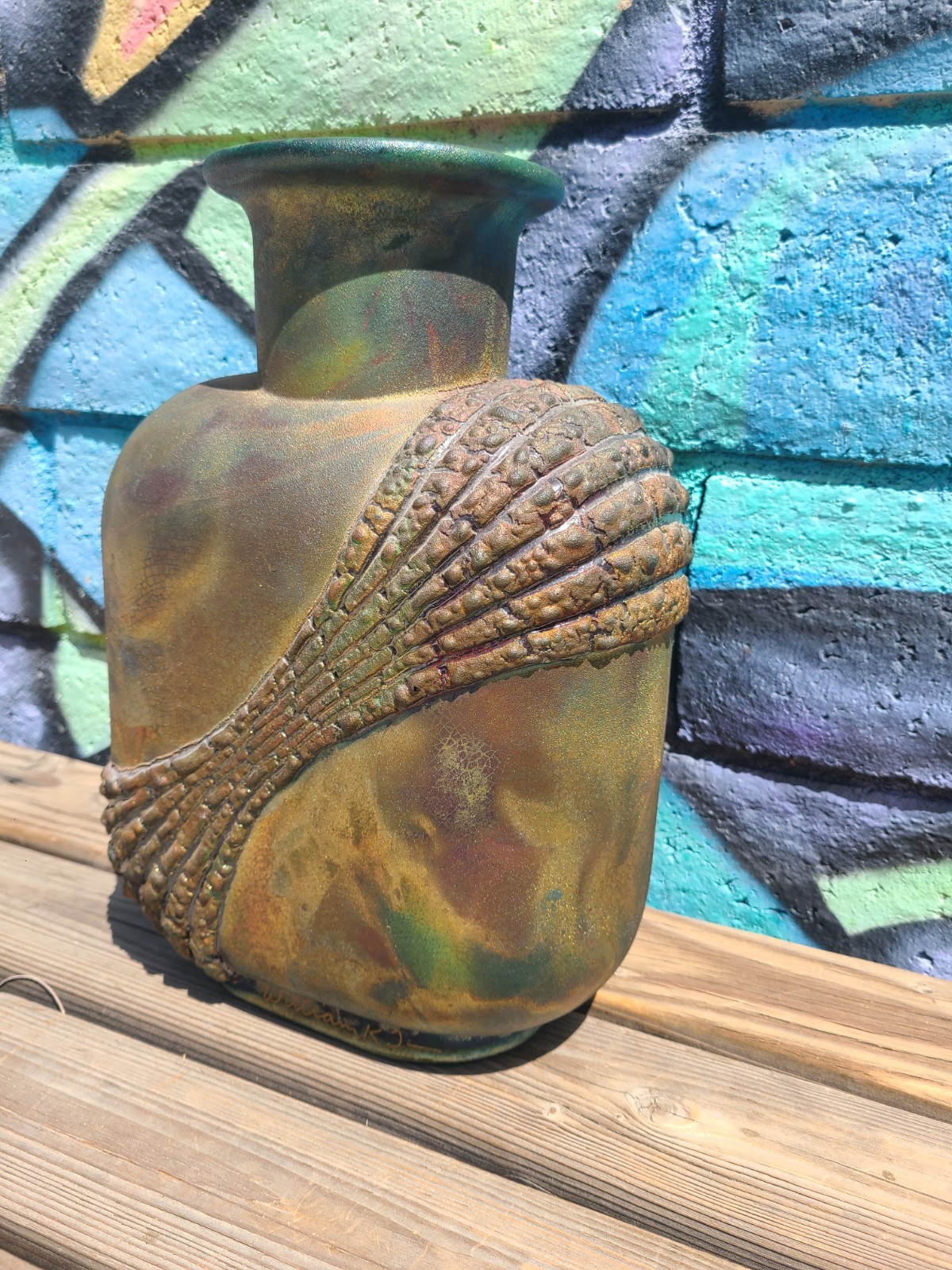 William K. Turner Raku Art Pottery Iridescent Textured Large Vase 13½” Signed