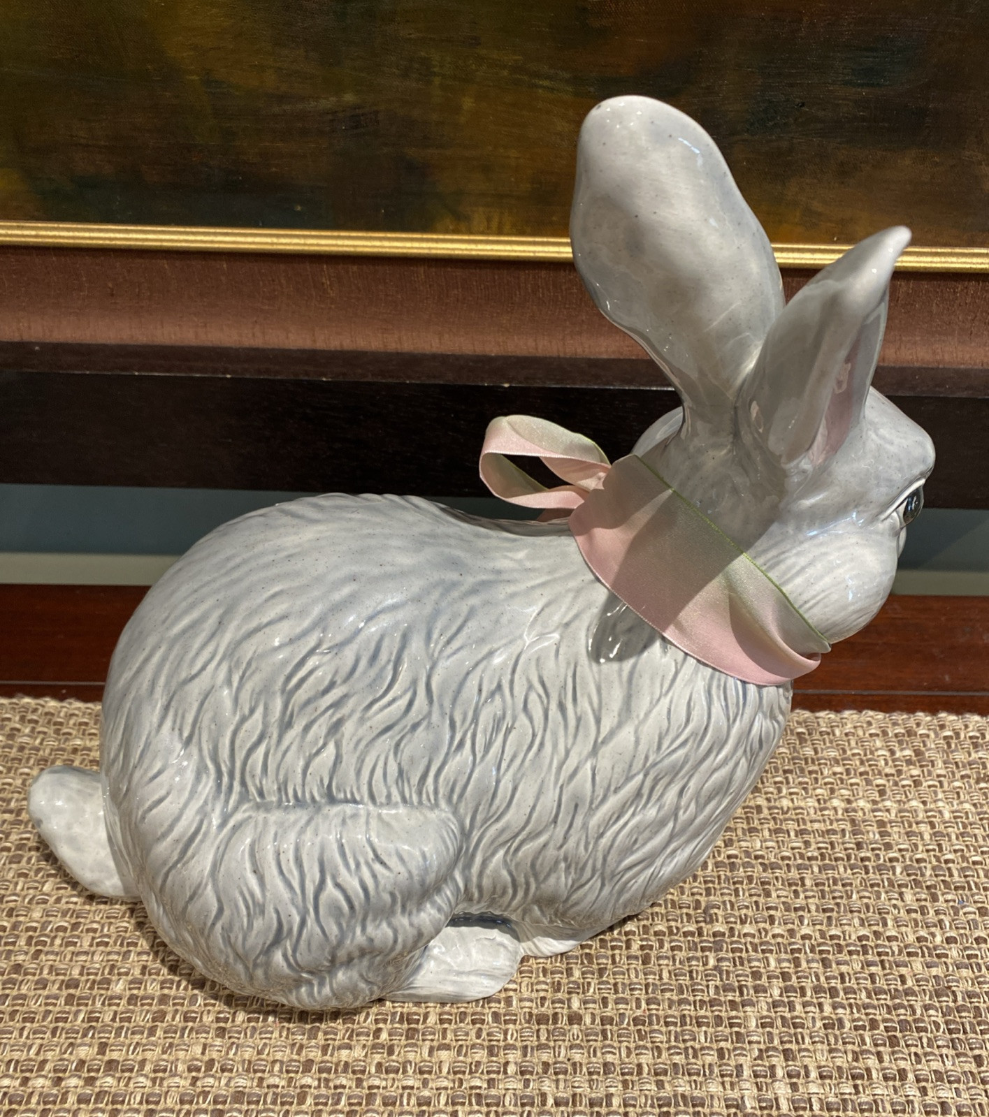 LARGE Realistic Grey Glazed Ceramic Bunny/Rabbit Sculpture 13”X11.5″ Home Decor
