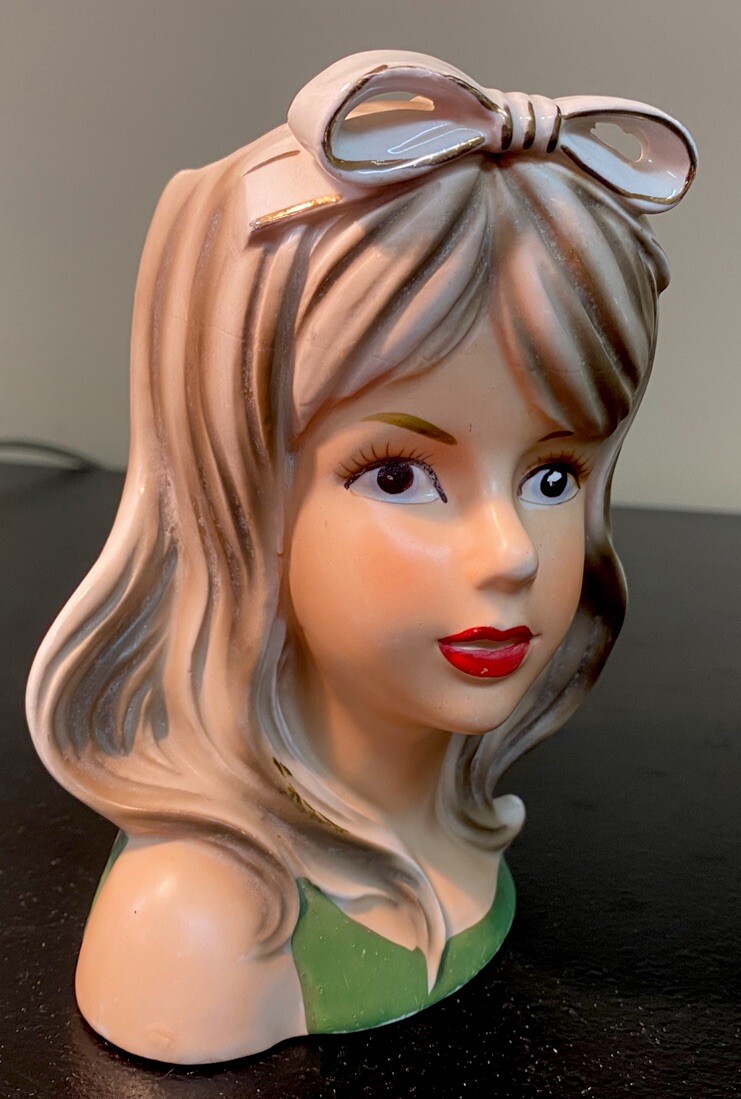 Vtg RELPO Lady Teen Head Vase K1838 Bow in Hair Pearl Earring Green Sleeveless