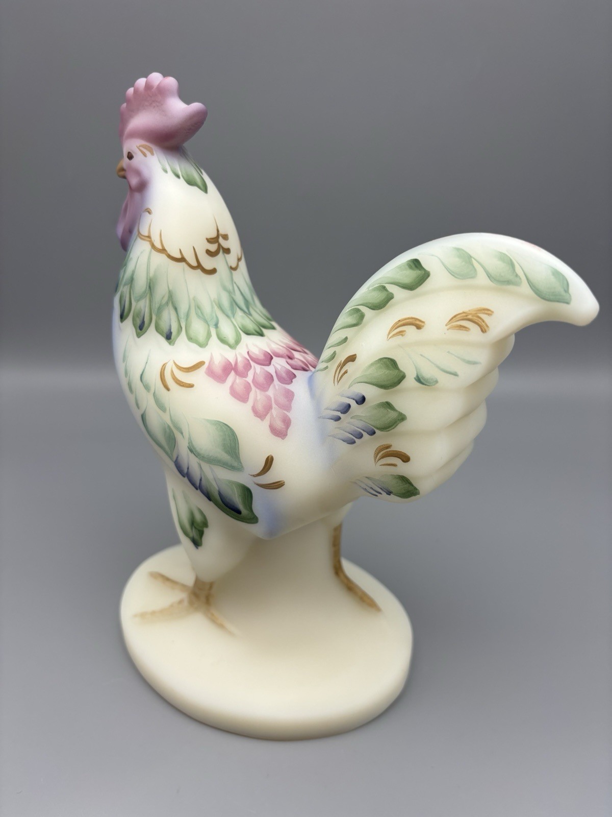 Fenton Burmese Satin Pink Rooster – Folk Art Collection – B. Fluharty – 8.5″h