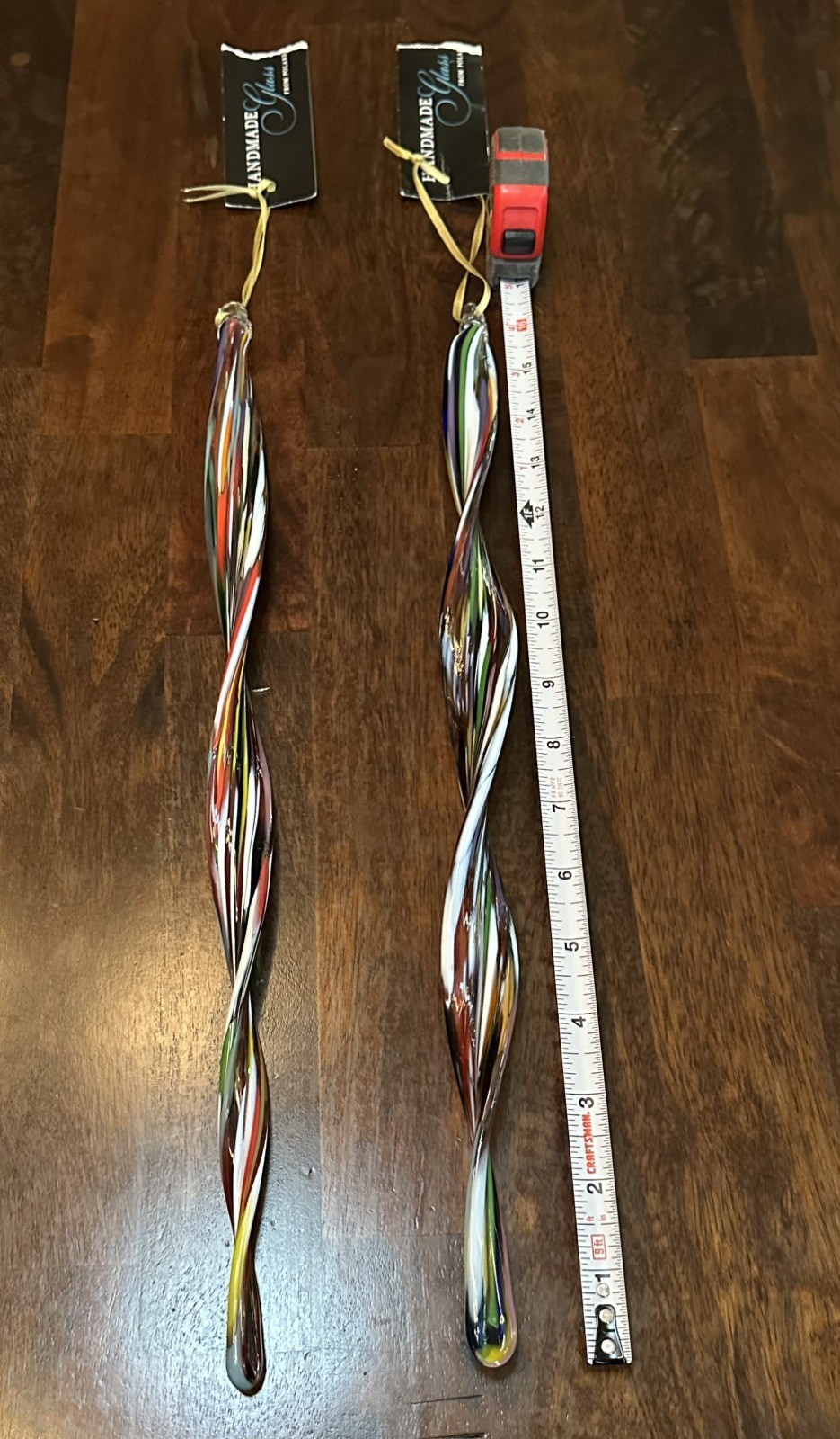 Set Of 2 Jumbo Hand Blown 16.5” Art Glass Swirl Icicle Ornaments-Made In Poland