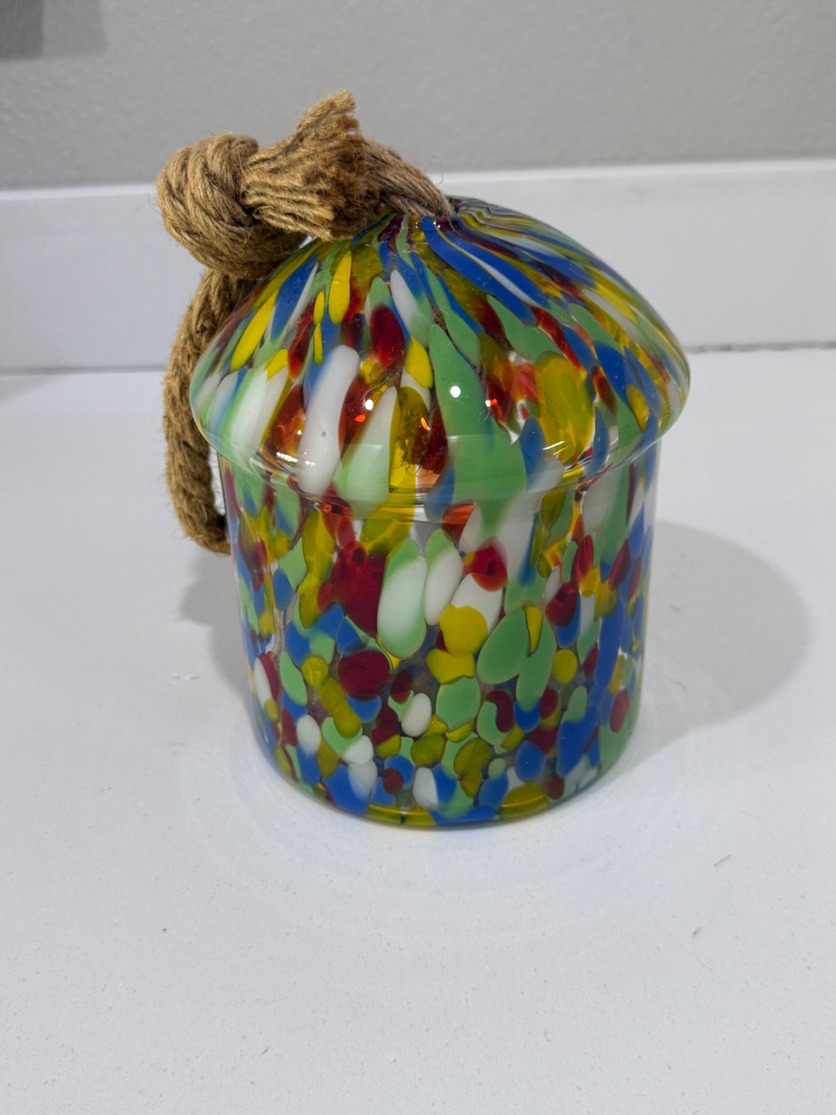Hand Blown Multi Colored Glass Hanging Birdhouse with Rope & Hook Attachment