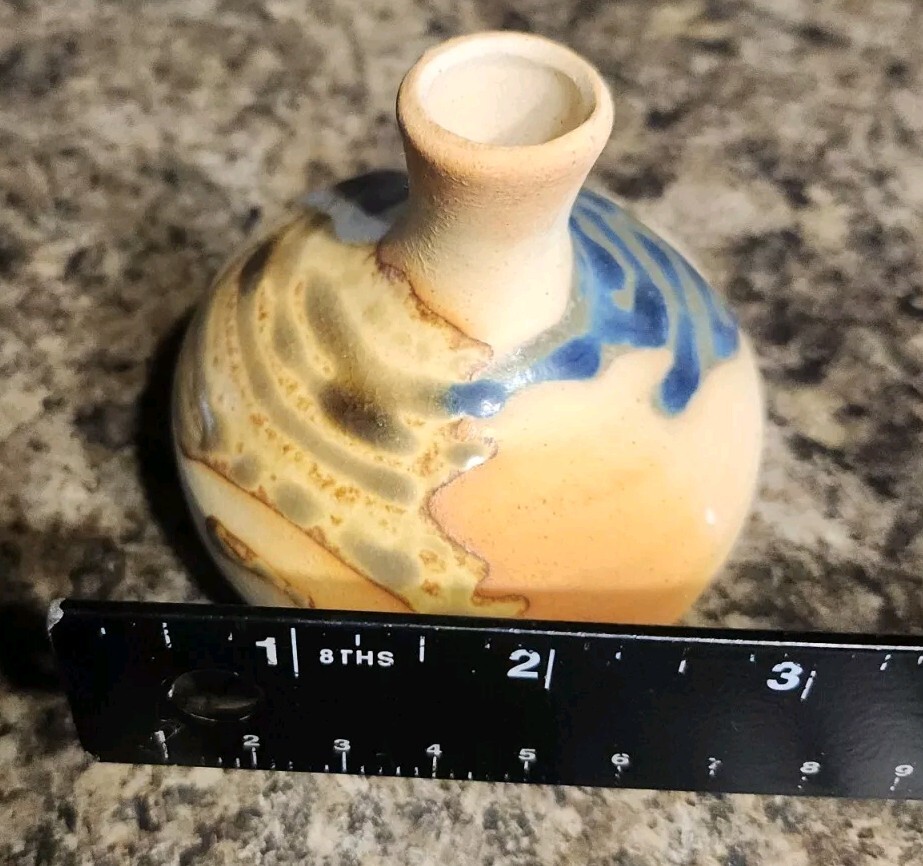 Studio Art Pottery Vase Drip Glaze 3.5″ Blue White Rust Tan Bud Rustic Vessel
