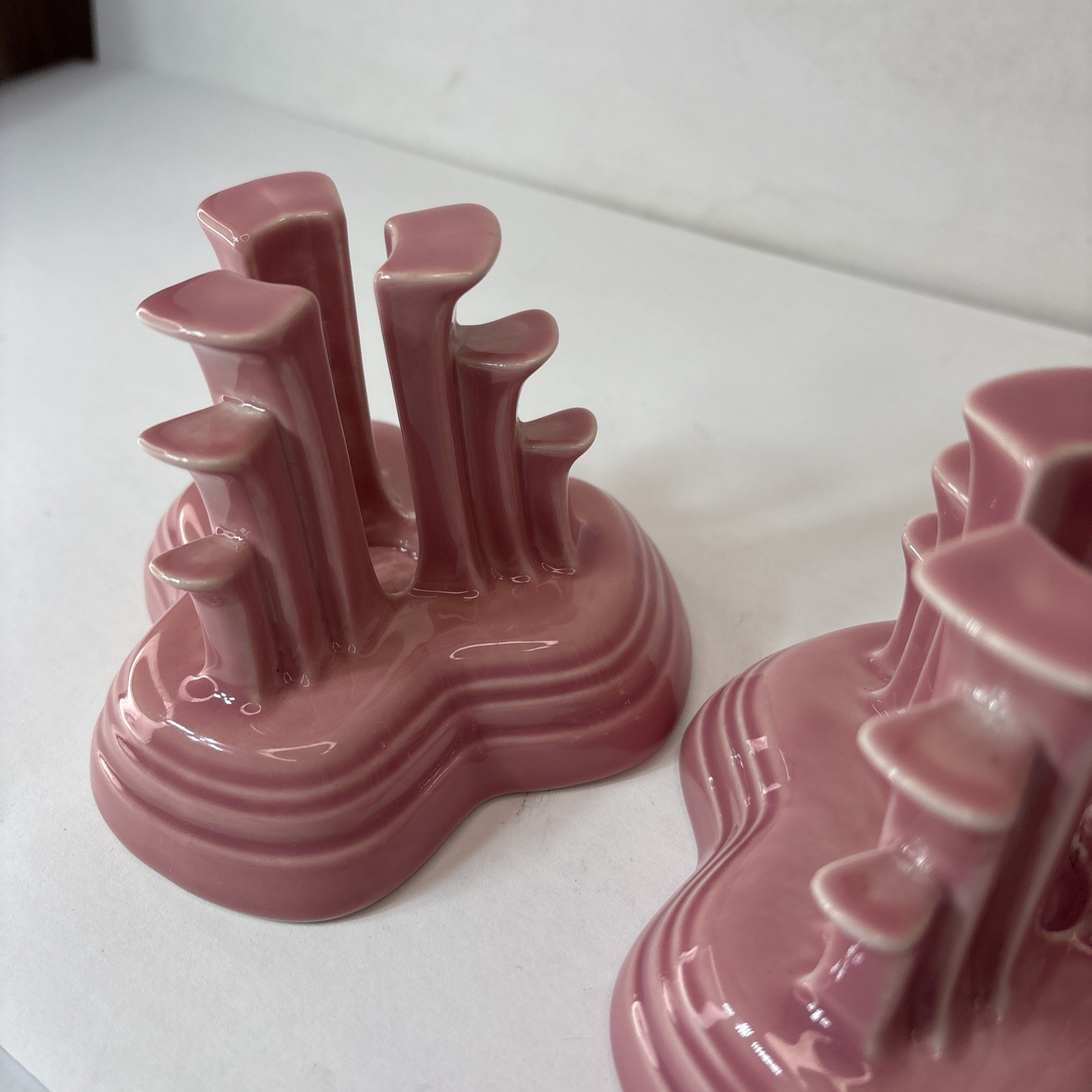 Fiesta Ware, Rose Pink Art Deco Pyramid Style Vintage Candle Holder Pair (2)