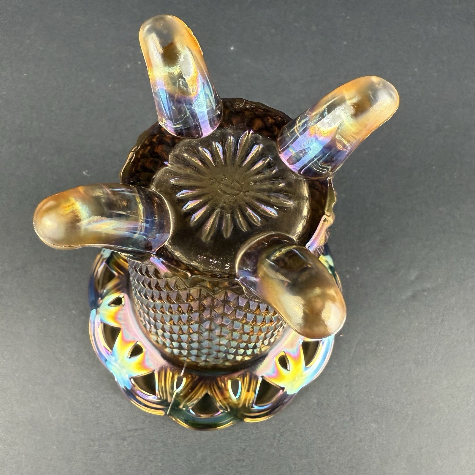 Unique Color Vintage Peacock Iridescent Carnival Glass Vase Diamond Point.