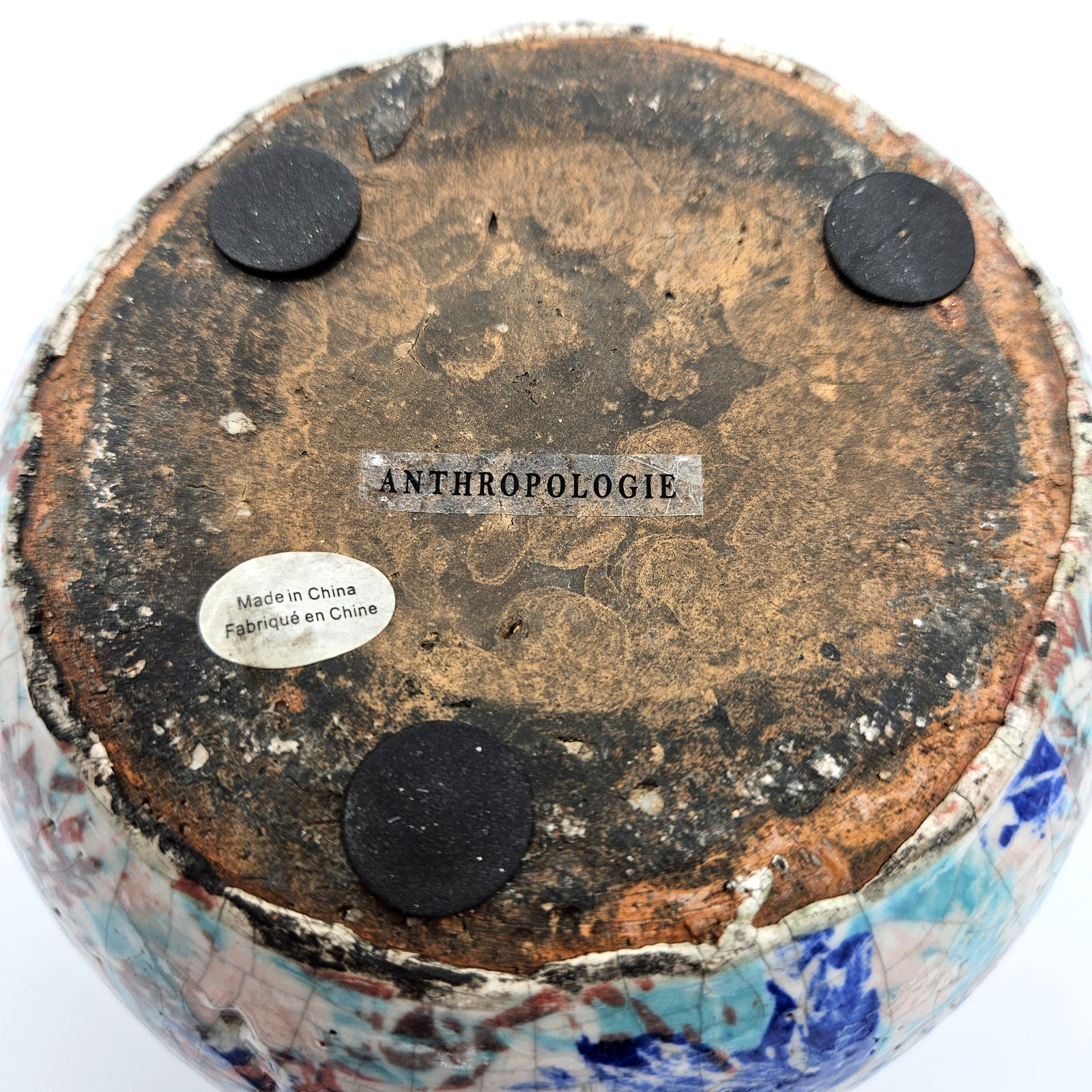 Anthropologie Blue Pink White Crackle Splatter Sponge Scallop Stoneware Planter
