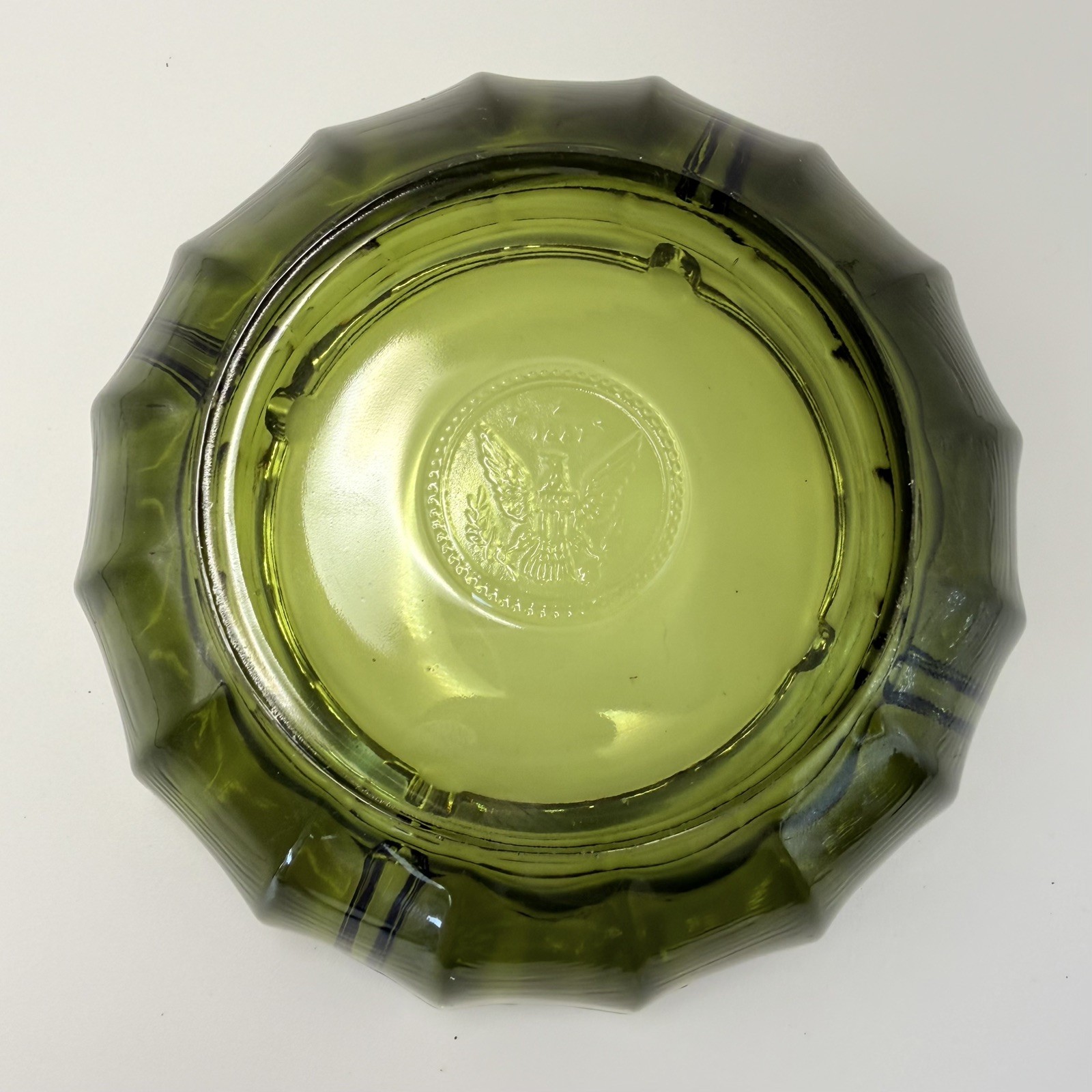 Vintage Fostoria Ashtray Olive Green Glass 1887 Eagle US Presidential Seal