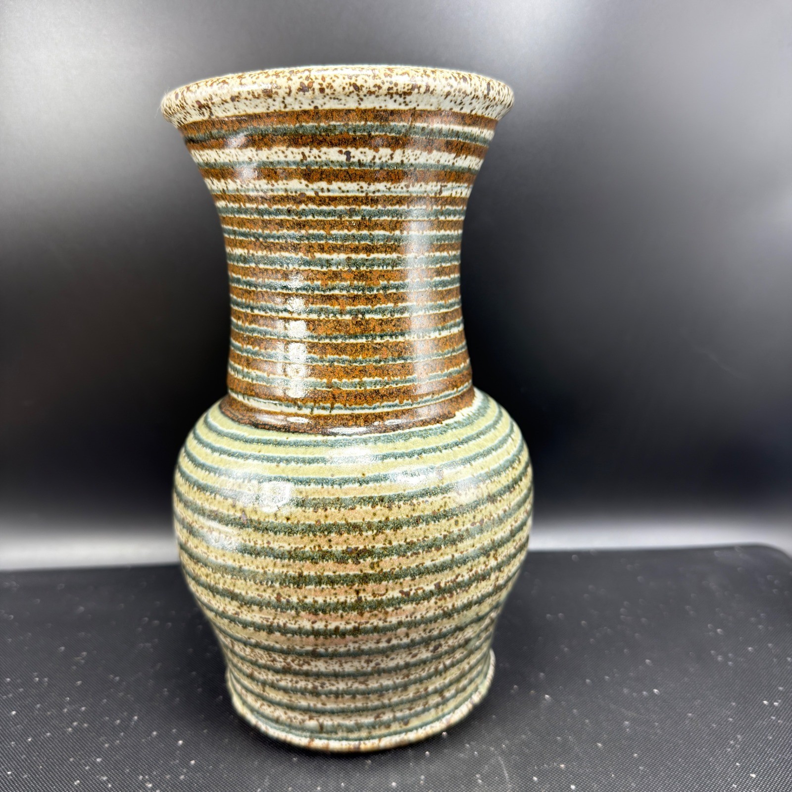 Danesi 1981 Signed Studio Pottery Vase Striped Stoneware Earth Tone 9.5 Inch